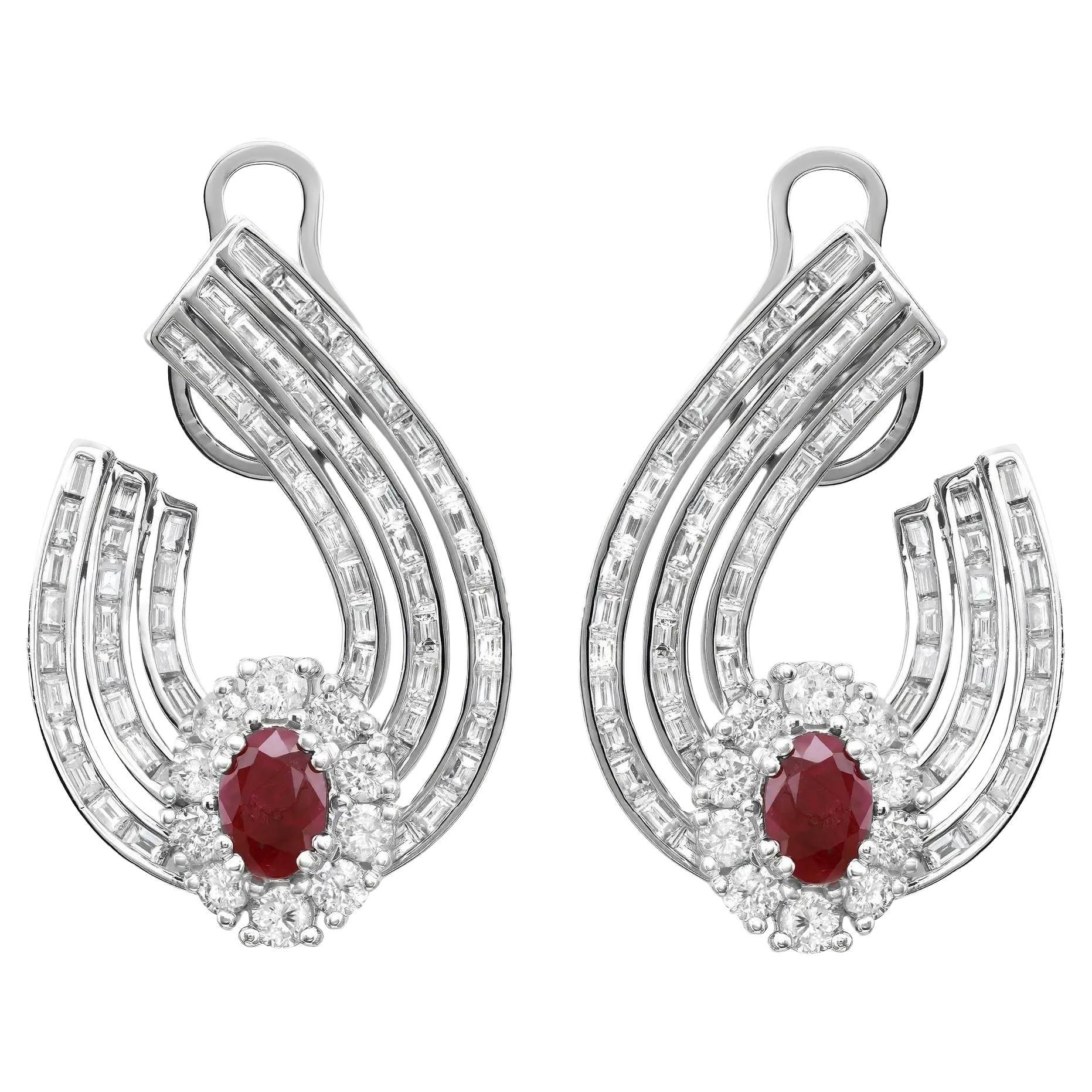 Oval Cut Ruby 1.95Ctw And Diamond 5.75Ctw Hoop Earrings 14K White Gold
