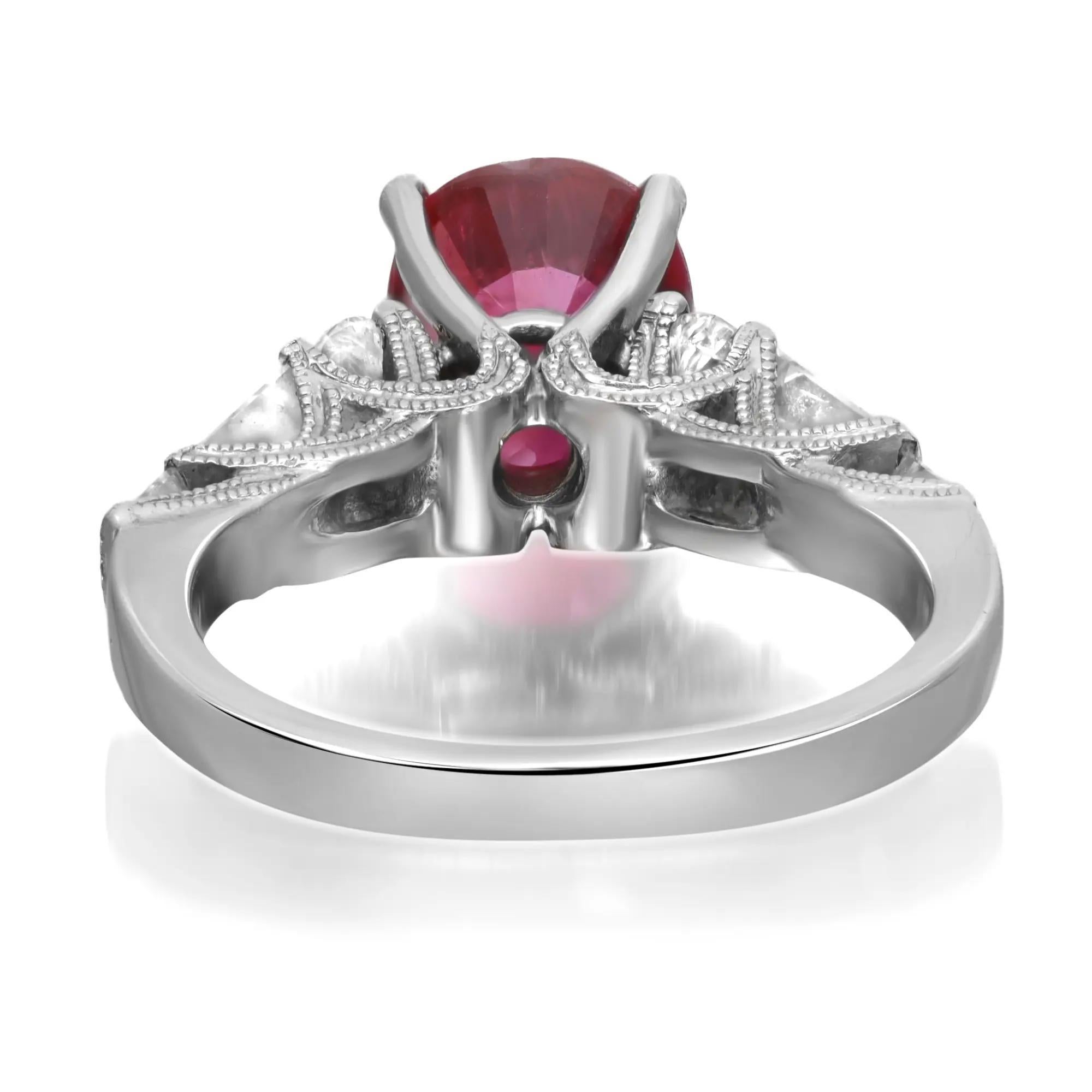 Modern Oval Cut Ruby 3.15Ctw And Diamond 0.75Ctw Cocktail Ring 14K White Gold Size 5 For Sale