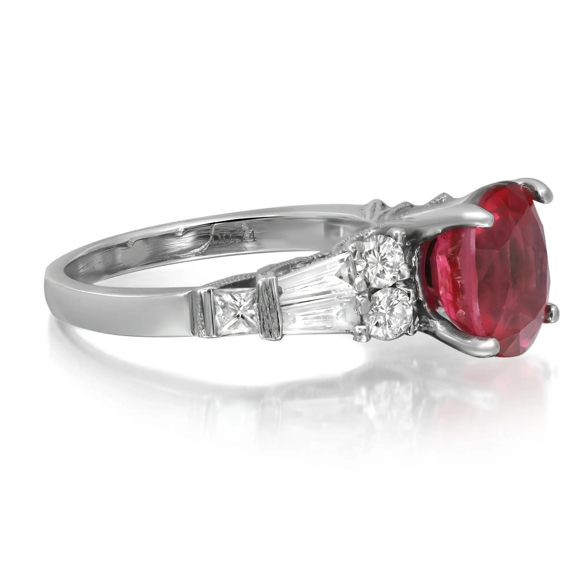 Oval Cut Ruby 3.15Ctw And Diamond 0.75Ctw Cocktail Ring 14K White Gold Size 5 In Excellent Condition For Sale In New York, NY