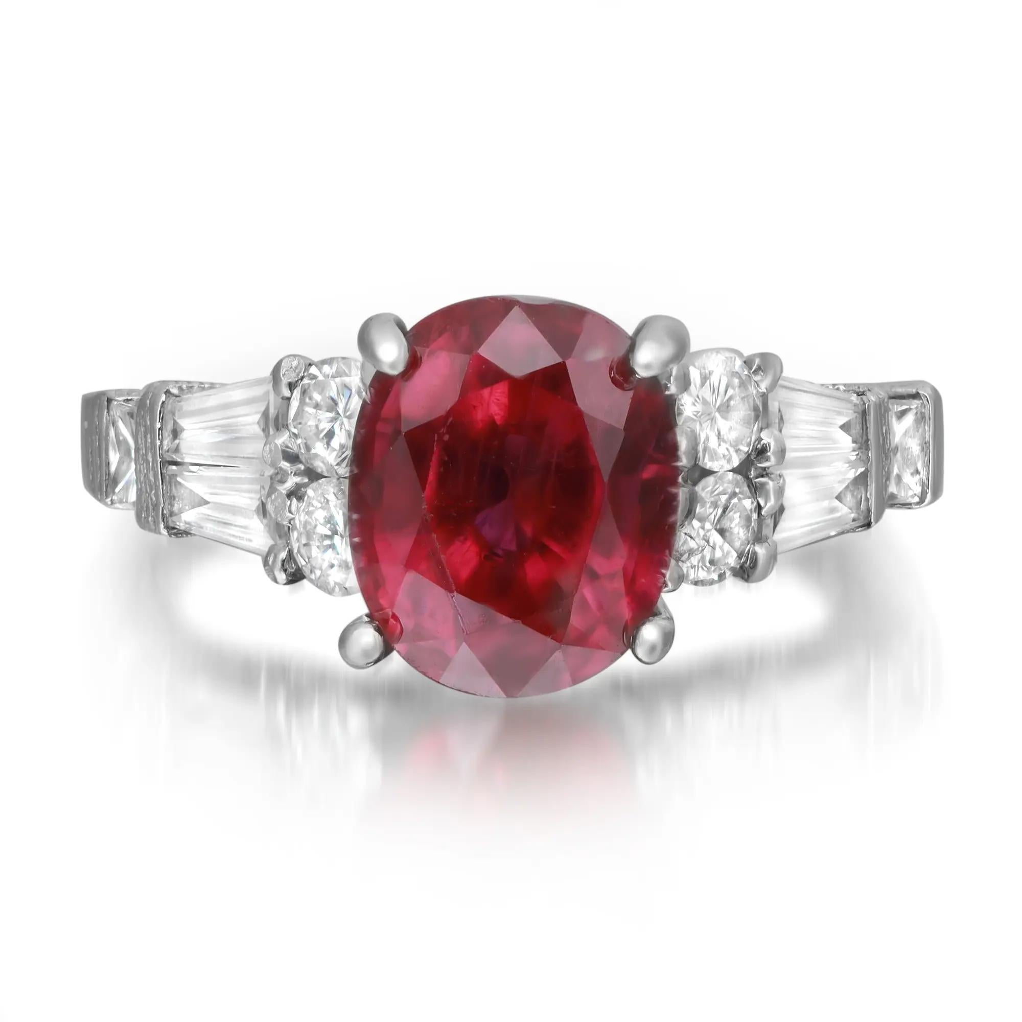 Oval Cut Ruby 3.15Ctw And Diamond 0.75Ctw Cocktail Ring 14K White Gold Size 5 For Sale