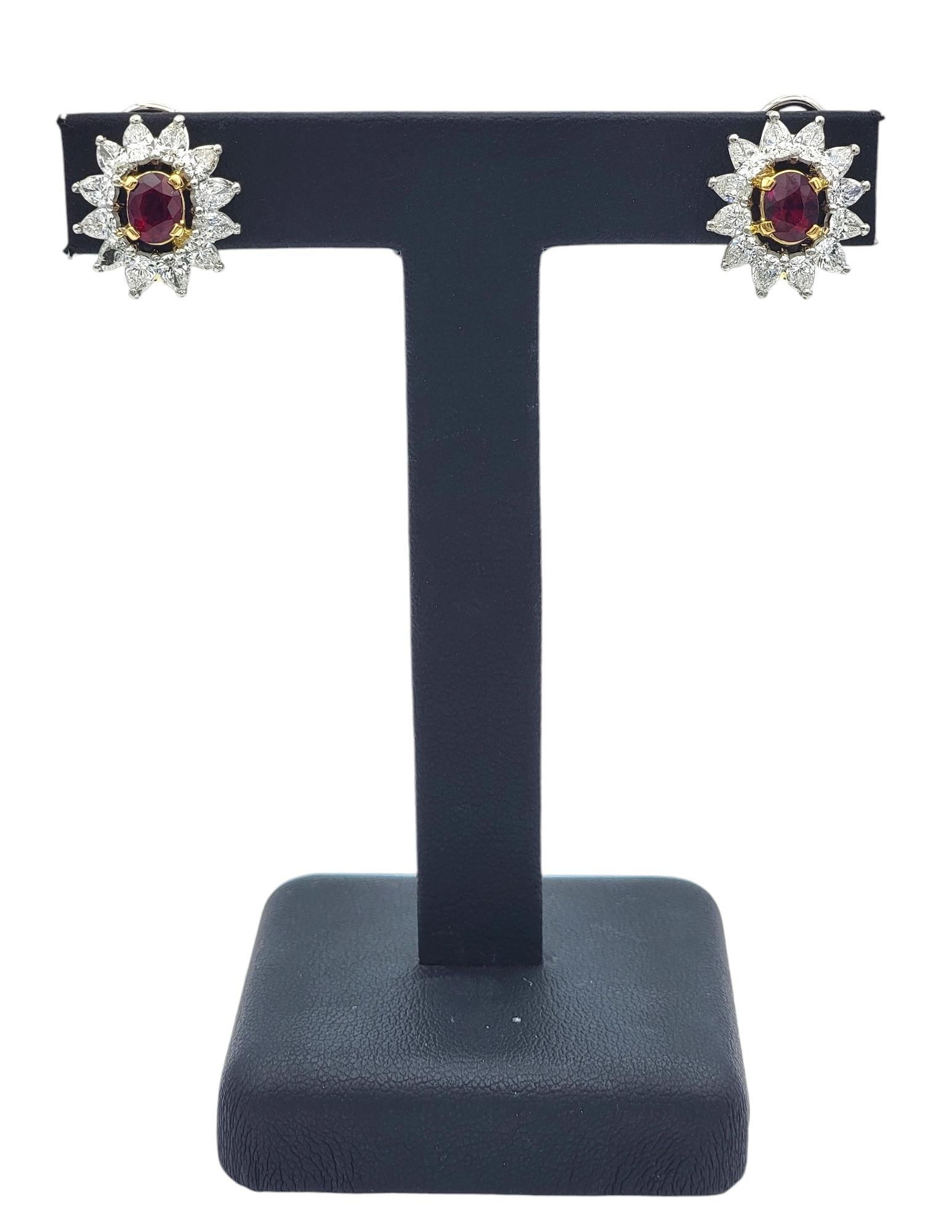 Women's Oval Cut Ruby and Diamond Halo Clip-On Earrings in 18 Karat White & Yellow Gold For Sale
