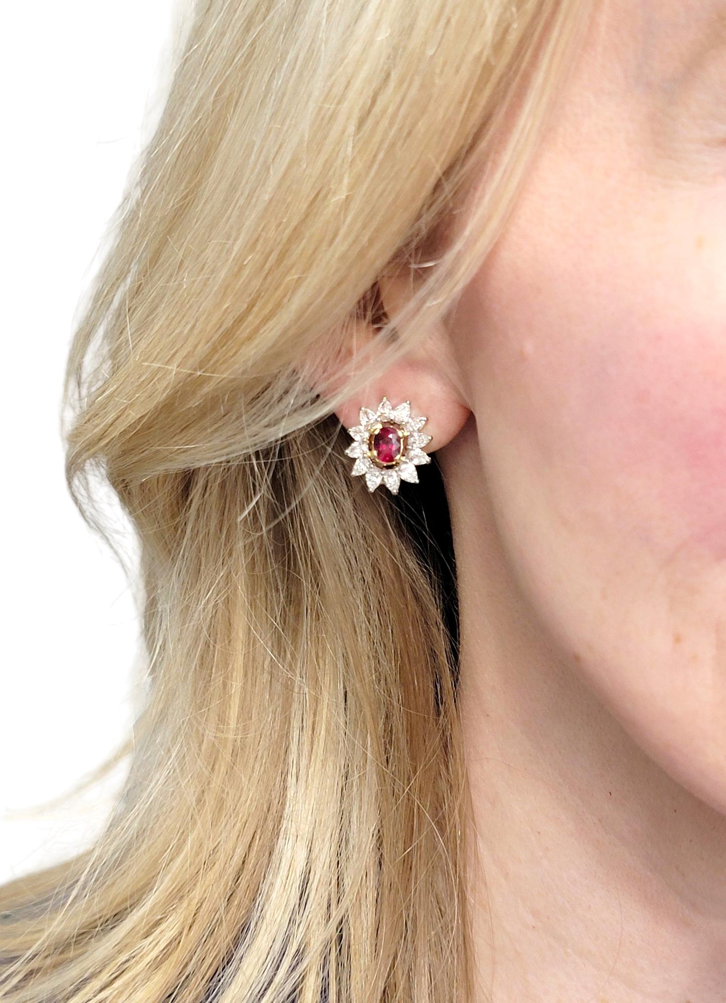 Oval Cut Ruby and Diamond Halo Clip-On Earrings in 18 Karat White & Yellow Gold For Sale 2
