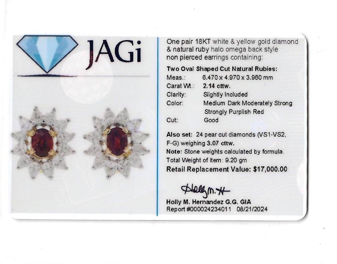 Oval Cut Ruby and Diamond Halo Clip-On Earrings in 18 Karat White & Yellow Gold For Sale 3
