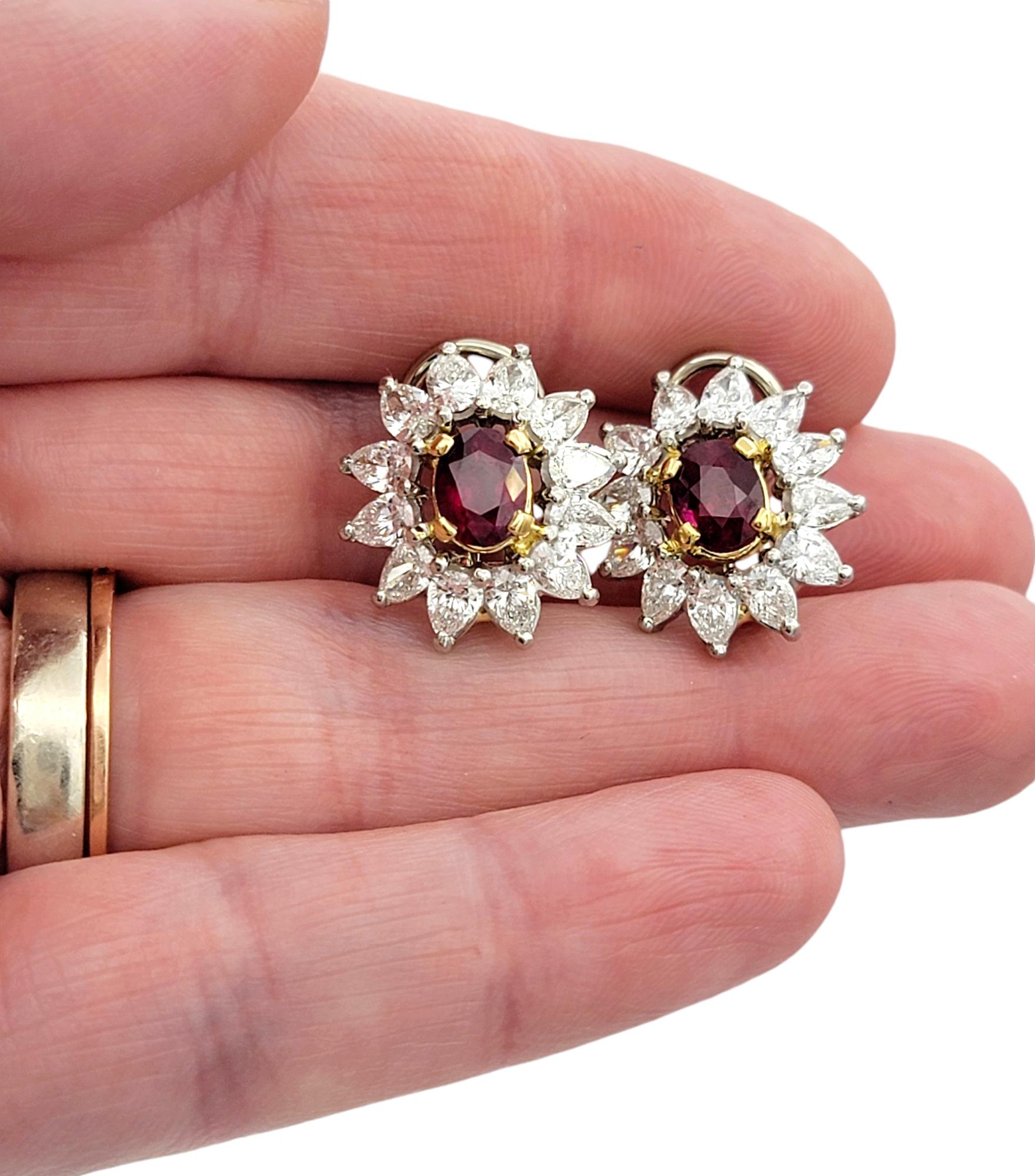 Oval Cut Ruby and Diamond Halo Clip-On Earrings in 18 Karat White & Yellow Gold For Sale 1