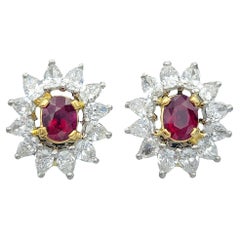Oval Cut Ruby and Diamond Halo Clip-On Earrings in 18 Karat White & Yellow Gold