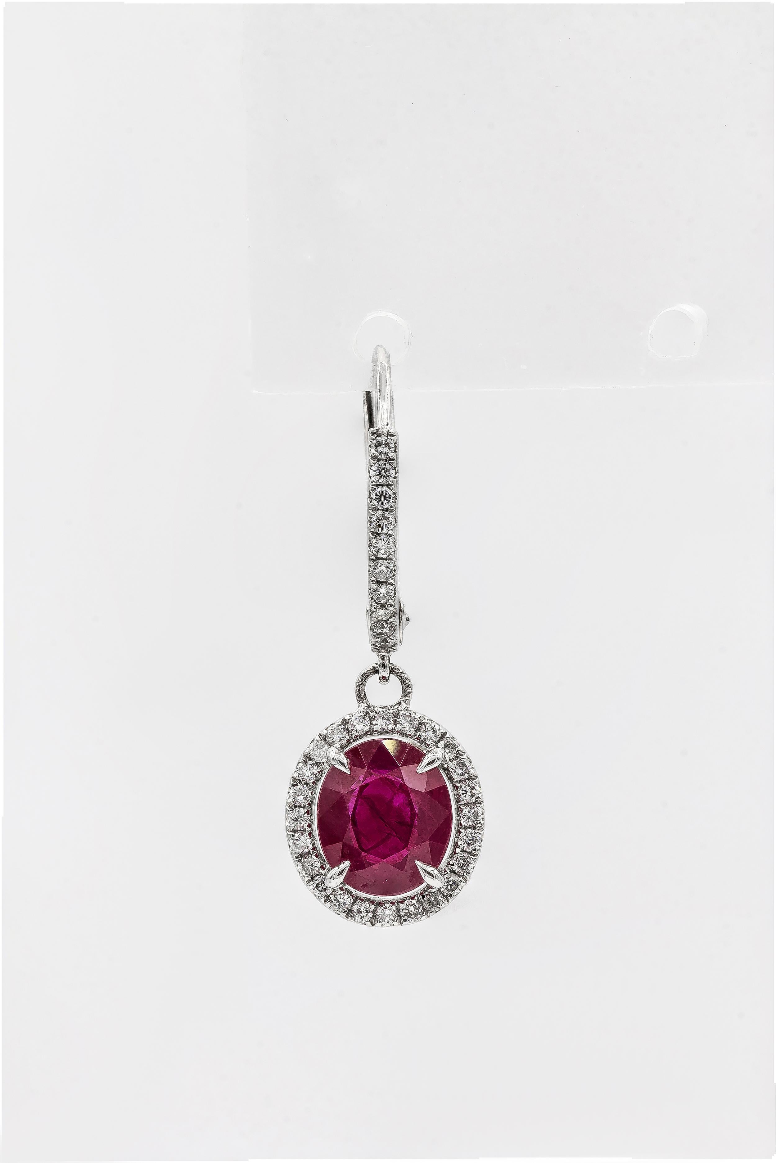 Roman Malakov 2.83 Carats Total Oval Cut Ruby and Diamond Halo Dangle Earrings In New Condition For Sale In New York, NY