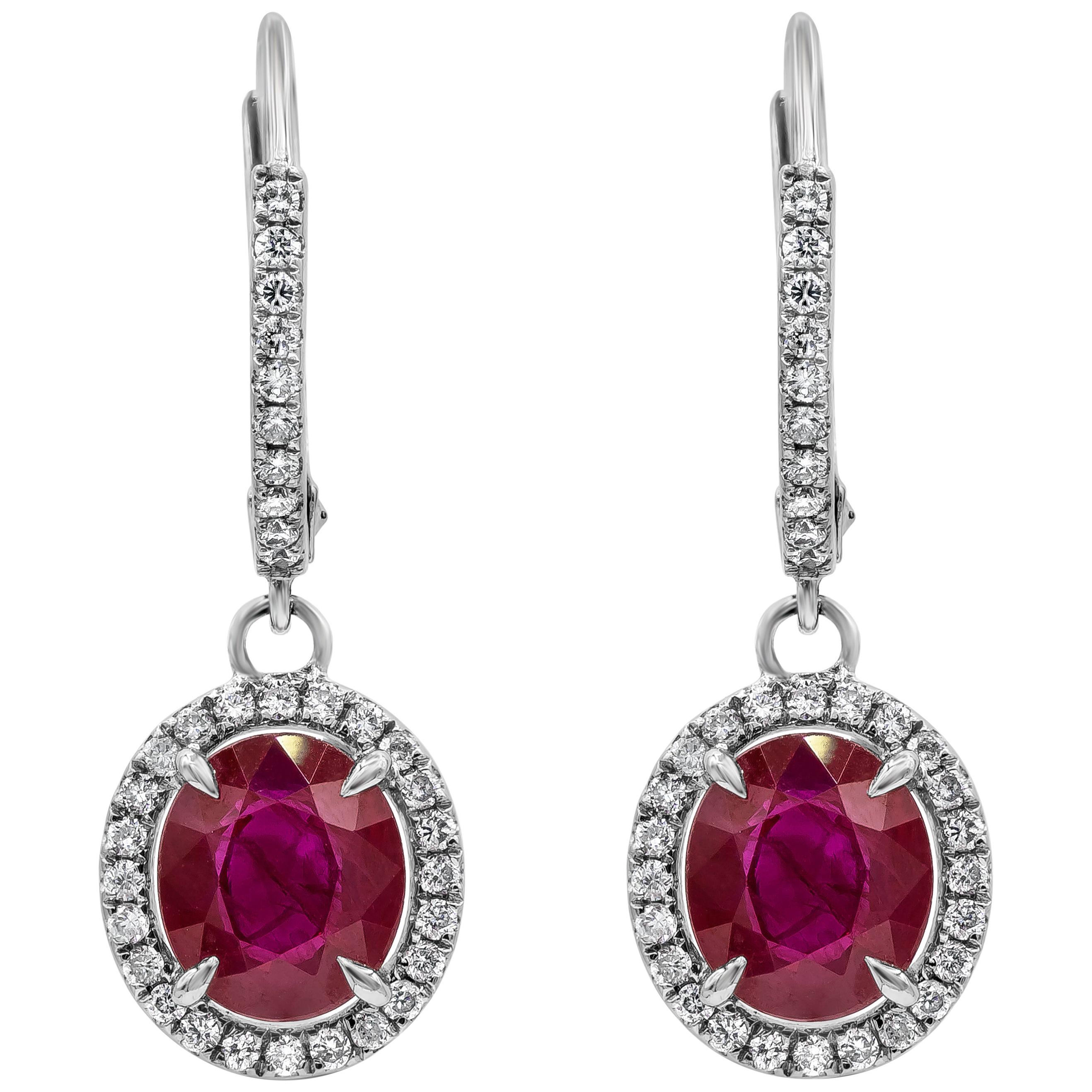 Roman Malakov 2.83 Carats Total Oval Cut Ruby and Diamond Halo Dangle Earrings For Sale