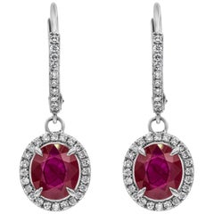 Roman Malakov 2.83 Carats Total Oval Cut Ruby and Diamond Halo Dangle Earrings