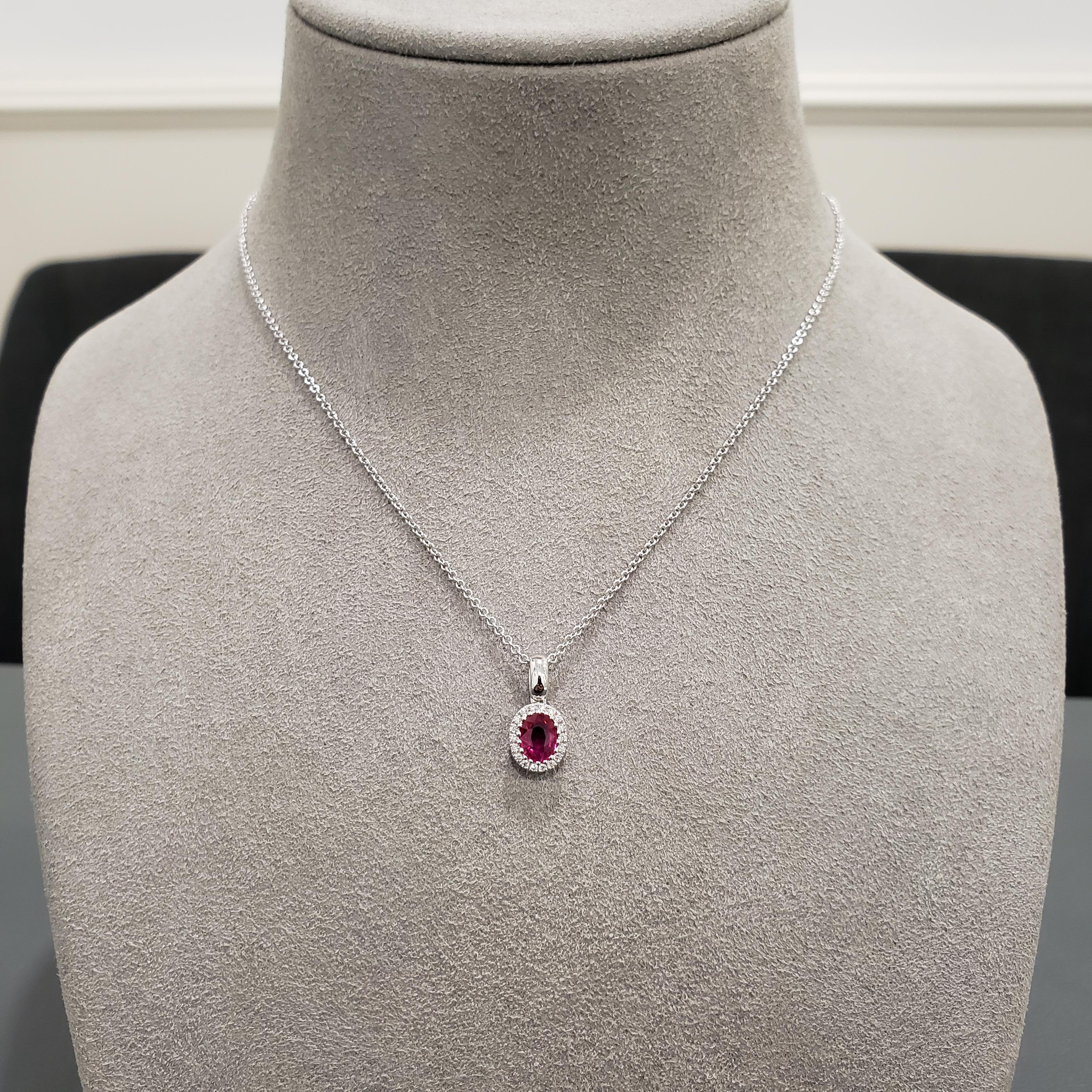 Contemporary Roman Malakov 0.70 Carat Oval Cut Ruby and Diamond Halo Pendant Necklace