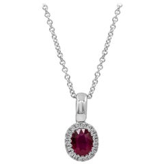 Roman Malakov Oval Cut Ruby and Diamond Halo Pendant Necklace