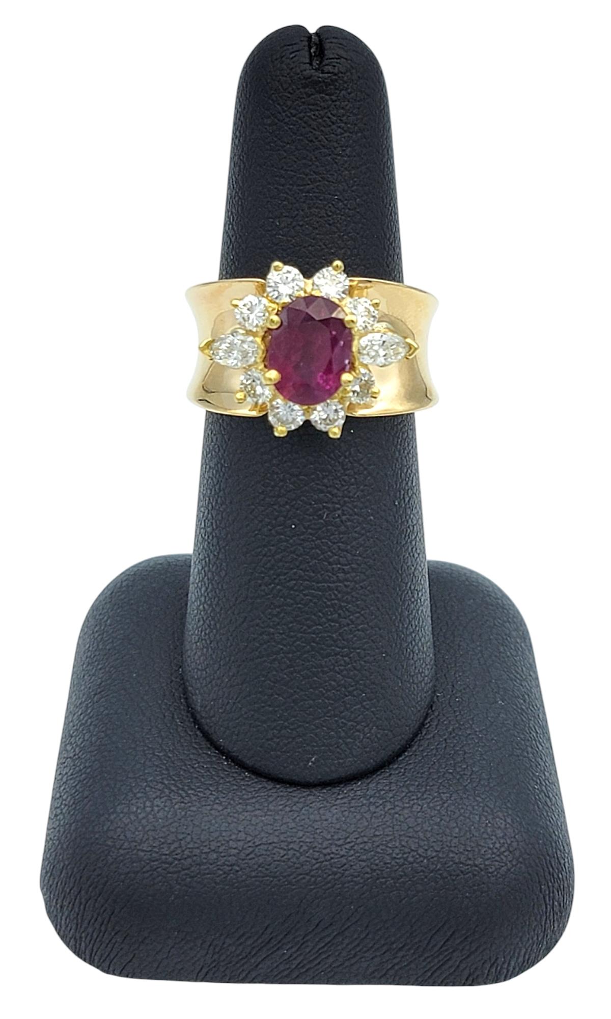Oval Cut Ruby and Diamond Halo Wide Band Ring in Polished 14 Karat Yellow Gold For Sale 5