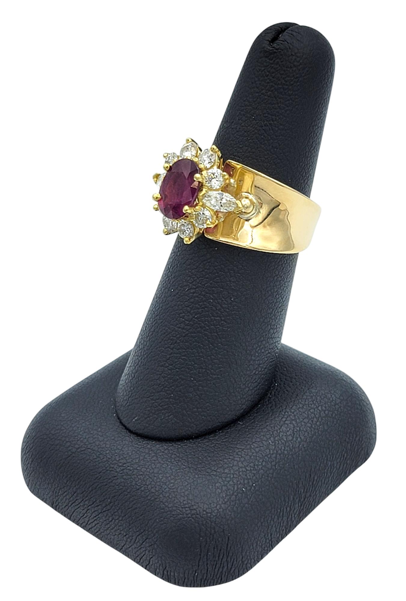 Oval Cut Ruby and Diamond Halo Wide Band Ring in Polished 14 Karat Yellow Gold For Sale 6