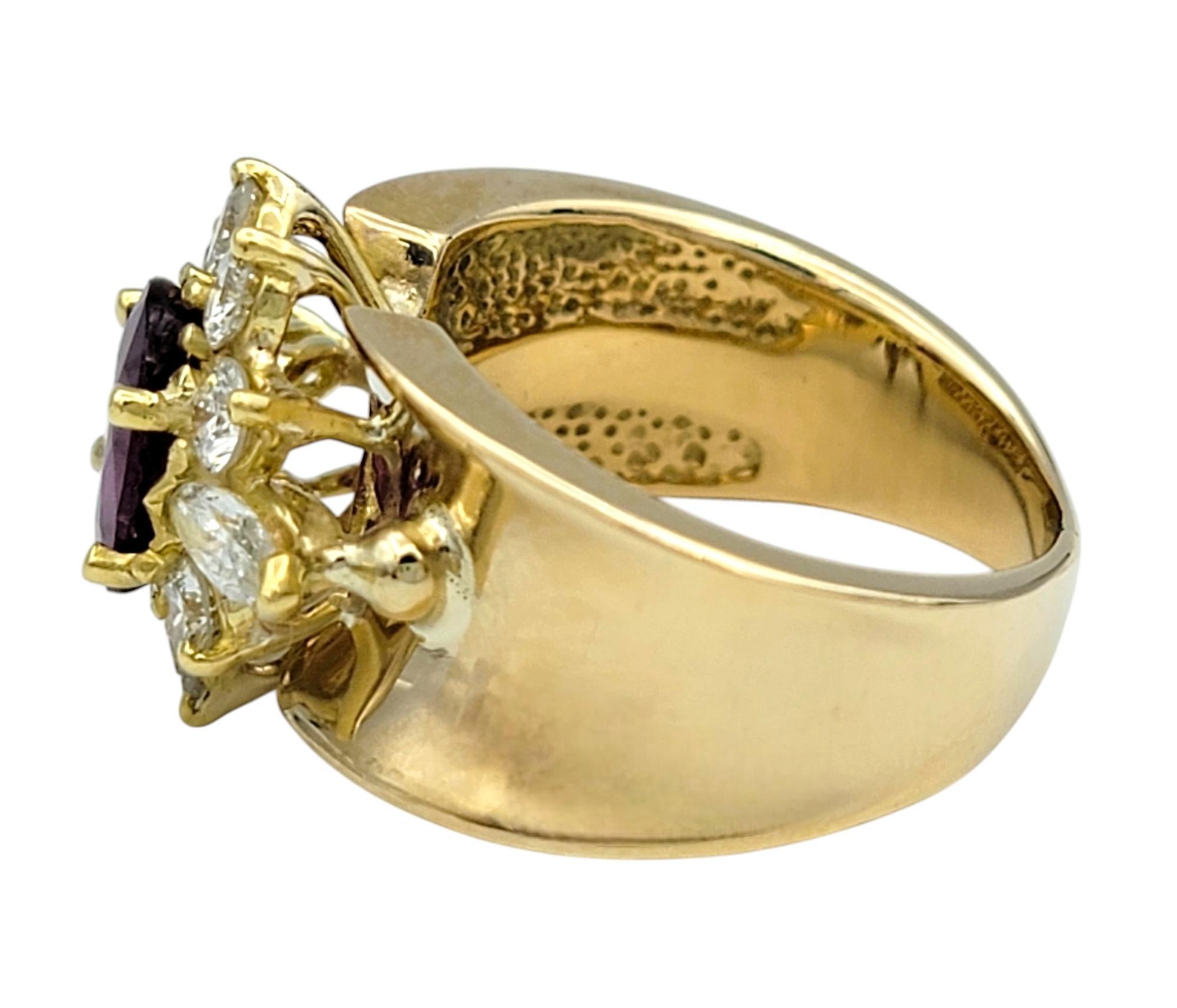 Women's Oval Cut Ruby and Diamond Halo Wide Band Ring in Polished 14 Karat Yellow Gold For Sale