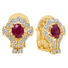 Oval Cut Ruby and Diamond Omega-Clip Earrings