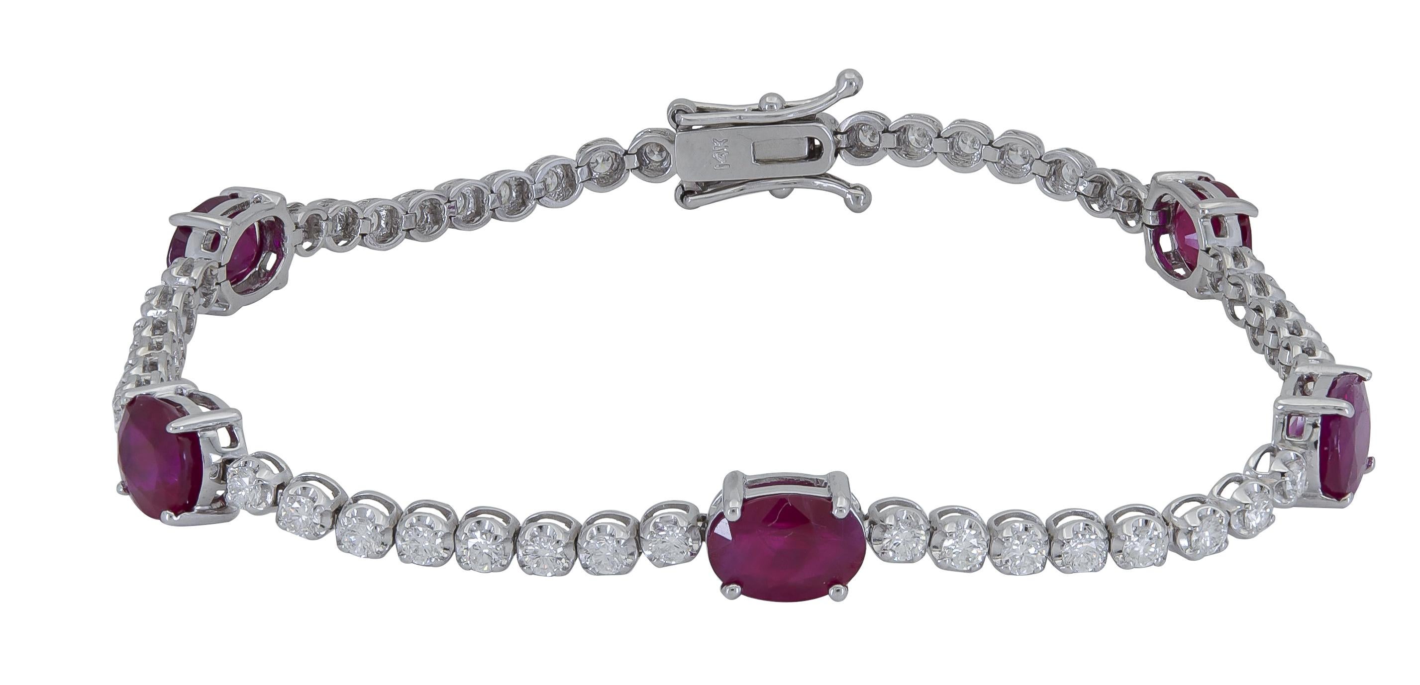 Contemporary Oval Cut Ruby and Diamond Tennis Bracelet For Sale