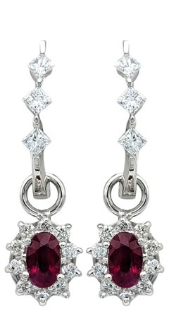 Oval Cut Ruby and Multi Diamond Dangle Convertible Earrings in 14 Karat Gold