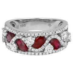 Oval Cut Ruby and Round Cut Diamond Band Ring 14K White Gold Size 6