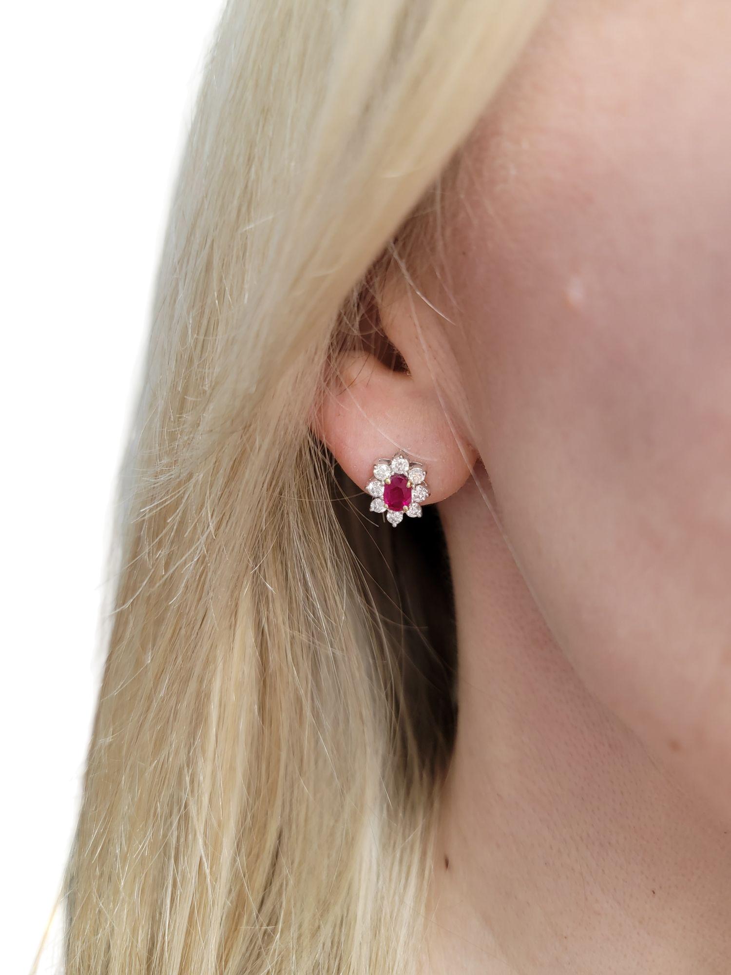 Oval Cut Ruby and Round Diamond Halo Stud Earrings in Two-Tone 18 Karat Gold For Sale 5