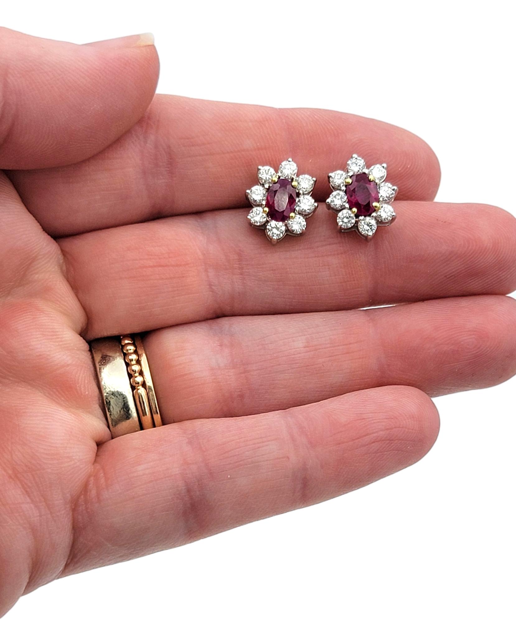 Oval Cut Ruby and Round Diamond Halo Stud Earrings in Two-Tone 18 Karat Gold For Sale 3