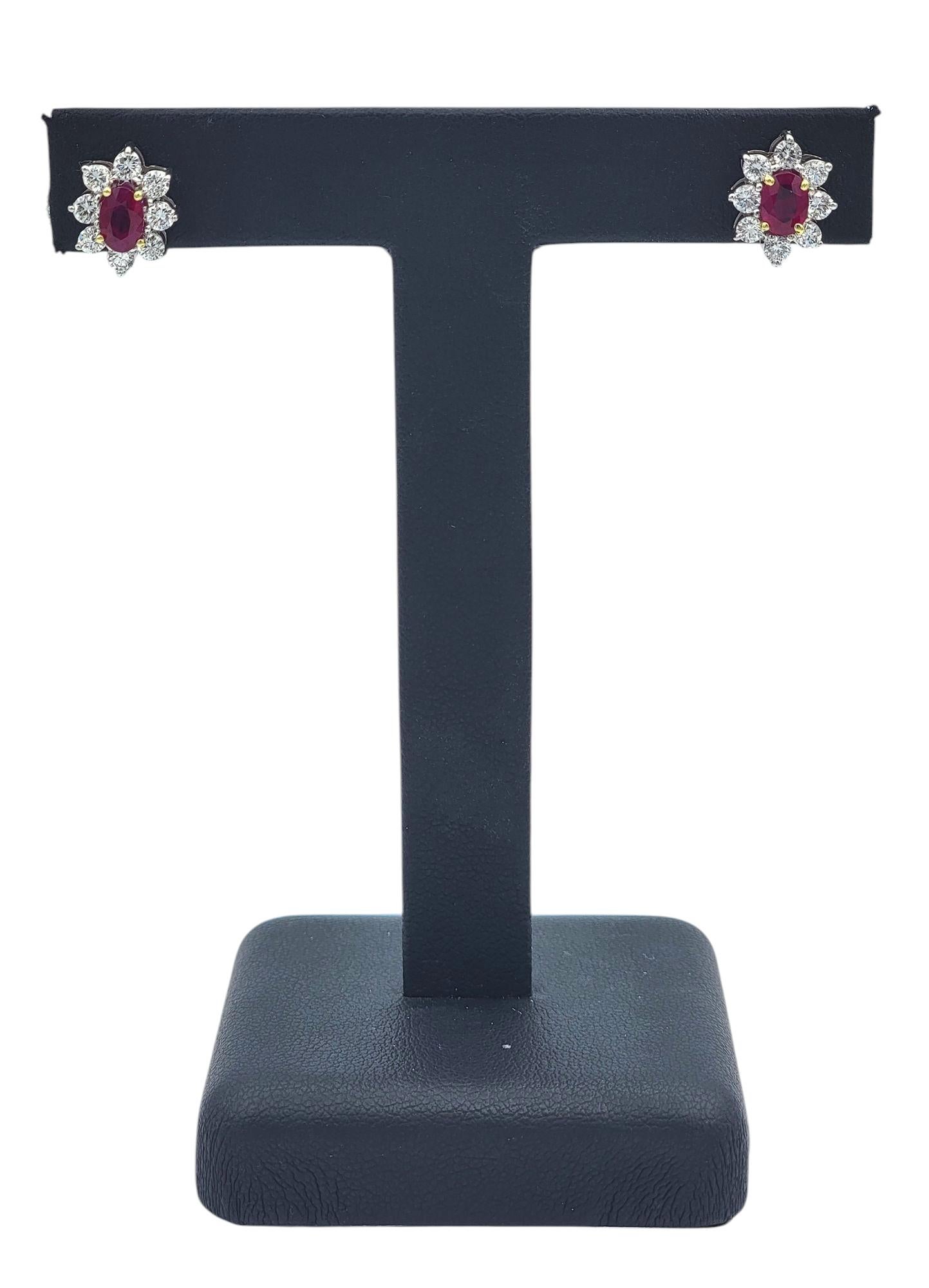 Oval Cut Ruby and Round Diamond Halo Stud Earrings in Two-Tone 18 Karat Gold For Sale 4