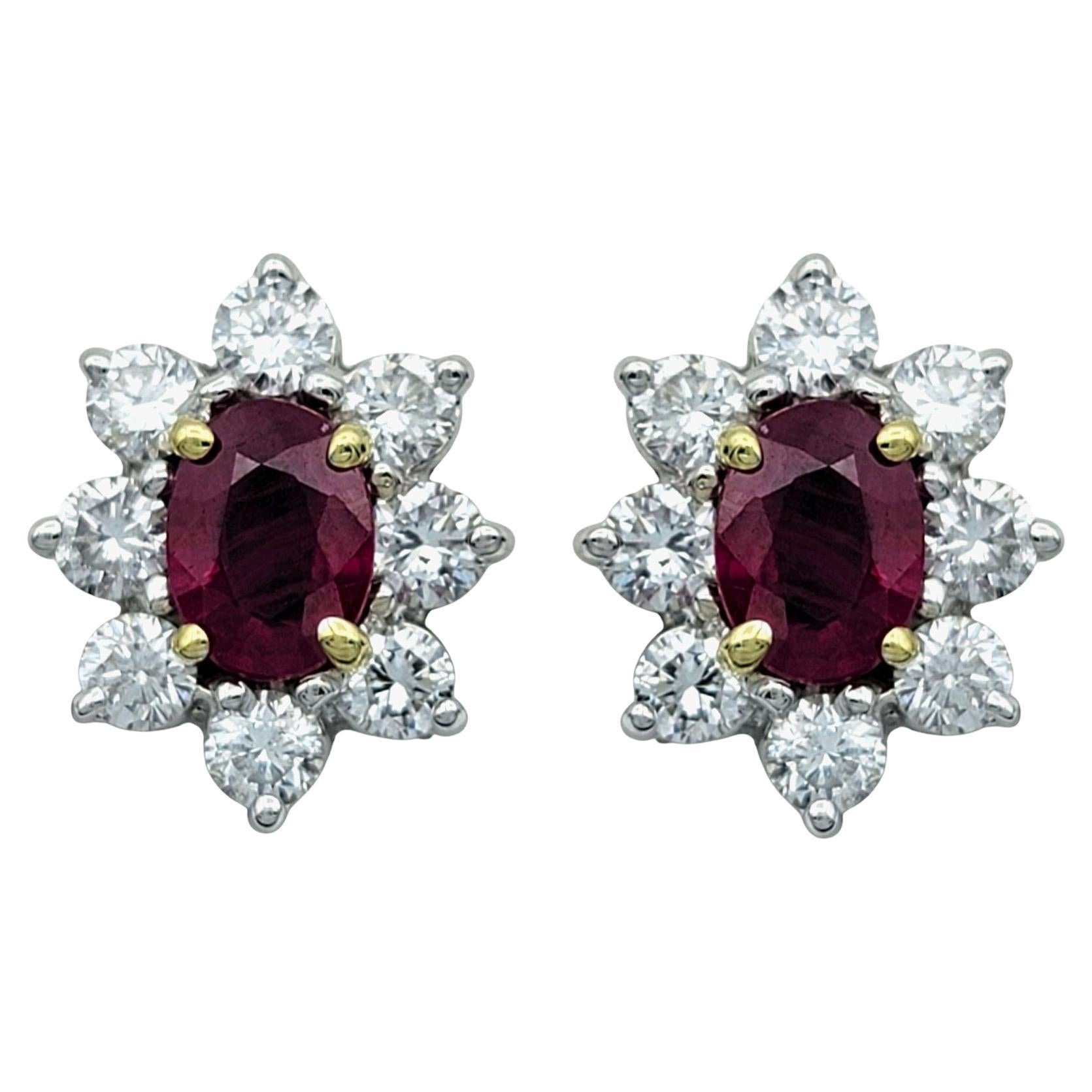 Oval Cut Ruby and Round Diamond Halo Stud Earrings in Two-Tone 18 Karat Gold For Sale