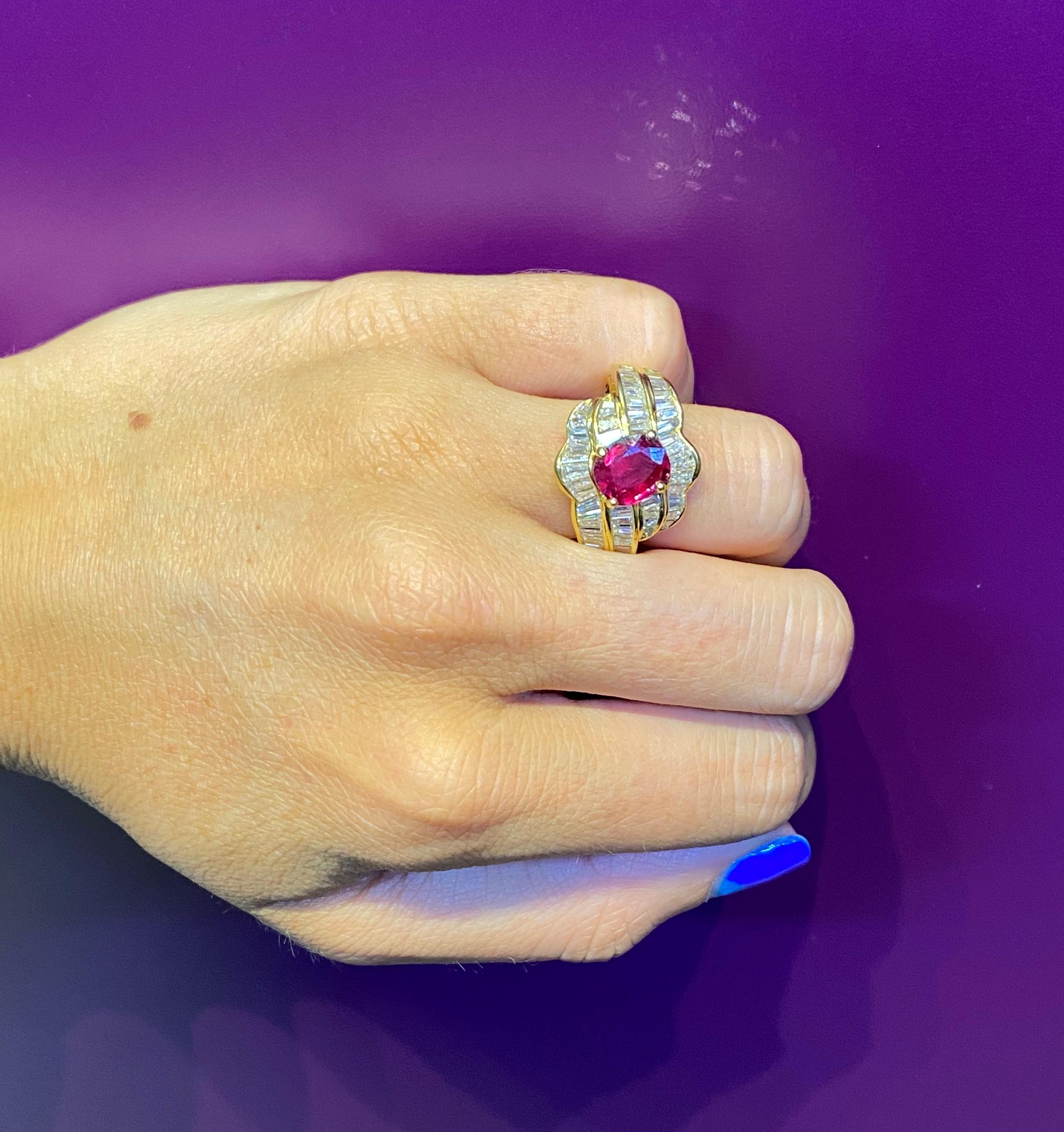 Oval Cut Ruby & Baguette Cut Diamonds Ring In Excellent Condition For Sale In New York, NY