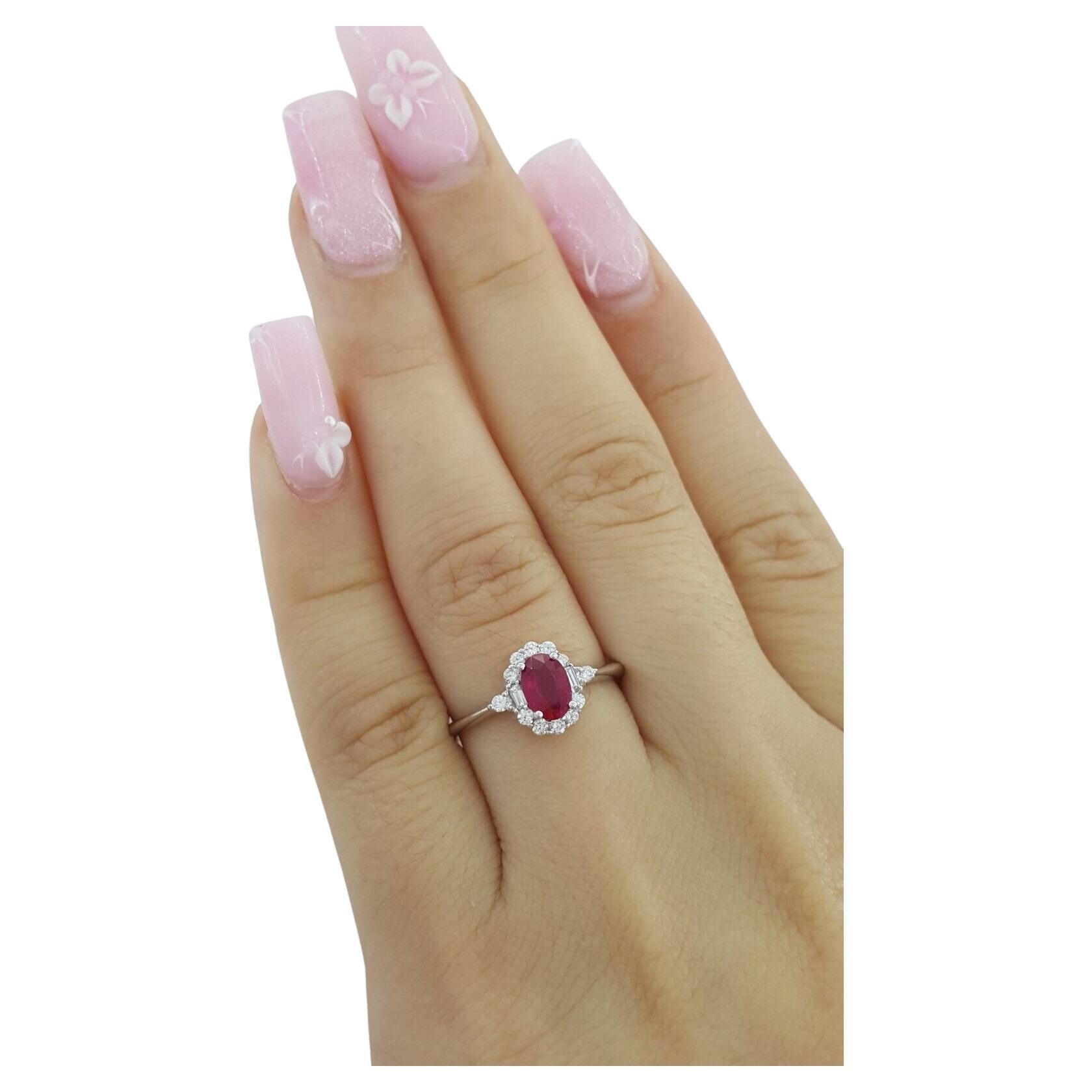 Oval Cut Ruby Baguette & Round Brilliant Cut Diamond Halo Engagement Ring In New Condition For Sale In Chicago, IL