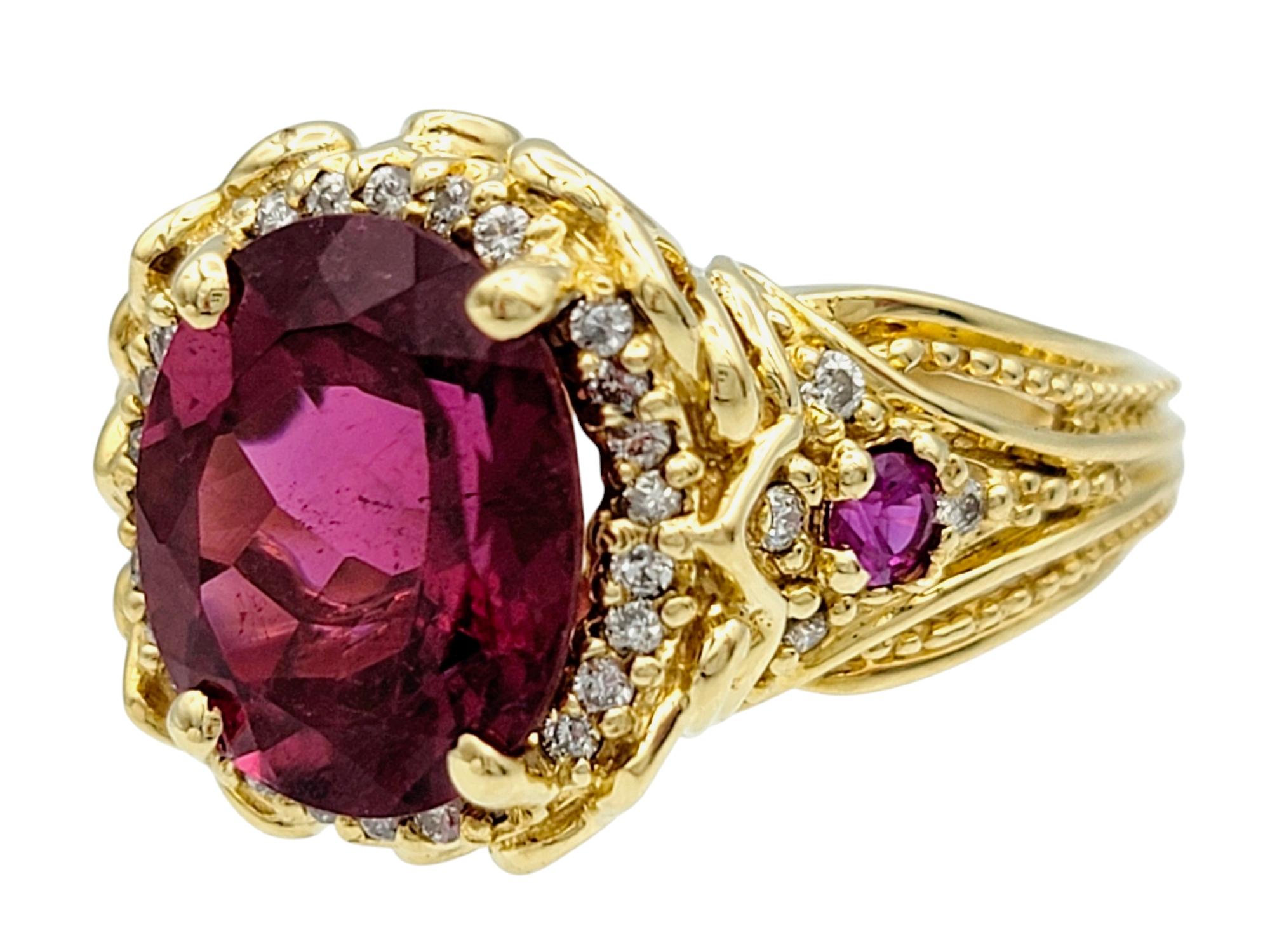 Contemporary Rubellite Tourmaline, Ruby and Diamond Halo Ring Textured 14 Karat Yellow Gold For Sale