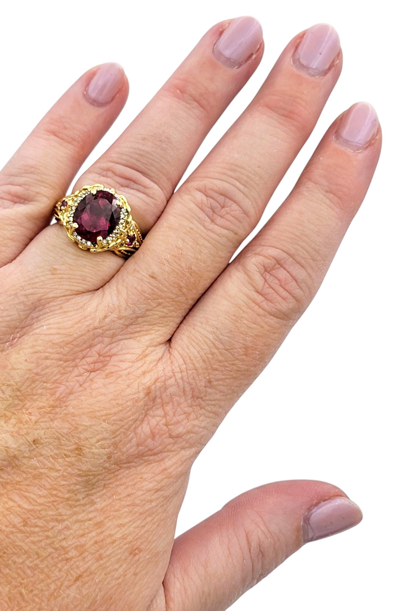 Rubellite Tourmaline, Ruby and Diamond Halo Ring Textured 14 Karat Yellow Gold In Good Condition For Sale In Scottsdale, AZ