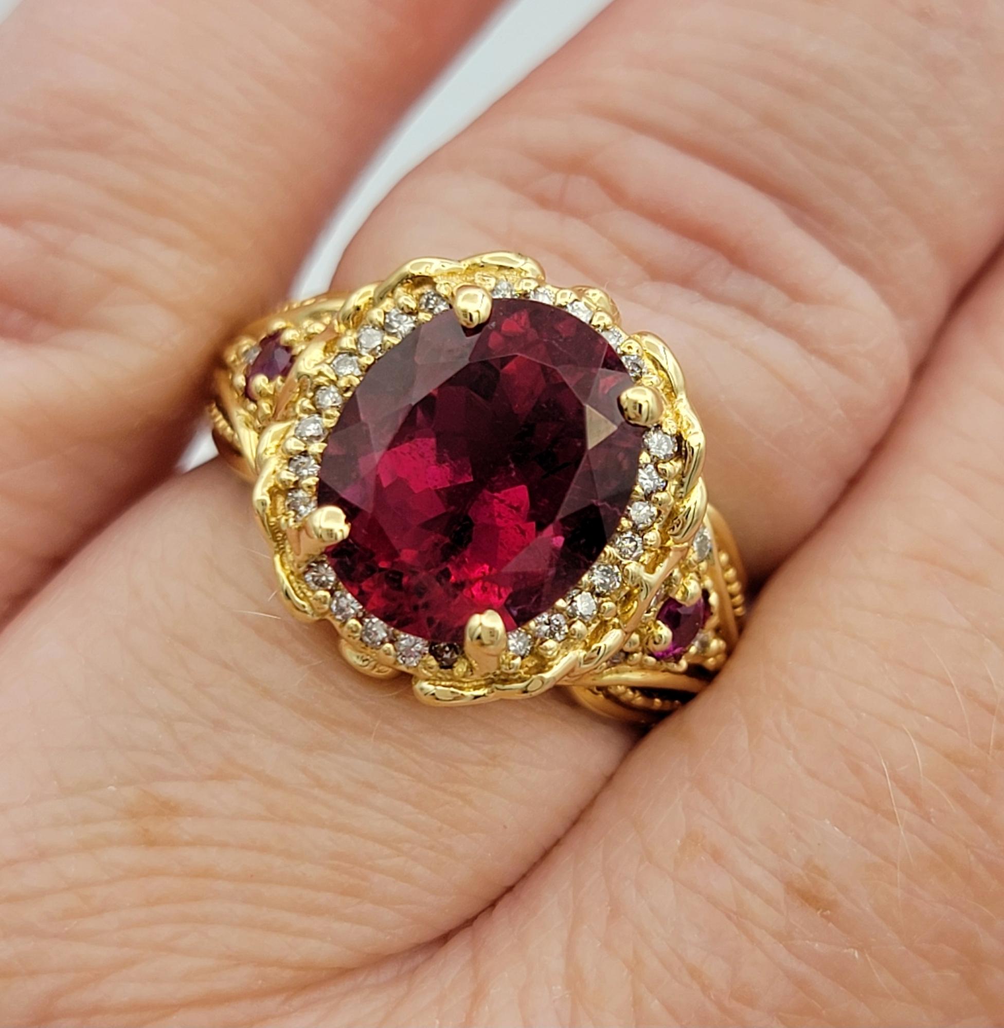 Women's Rubellite Tourmaline, Ruby and Diamond Halo Ring Textured 14 Karat Yellow Gold For Sale