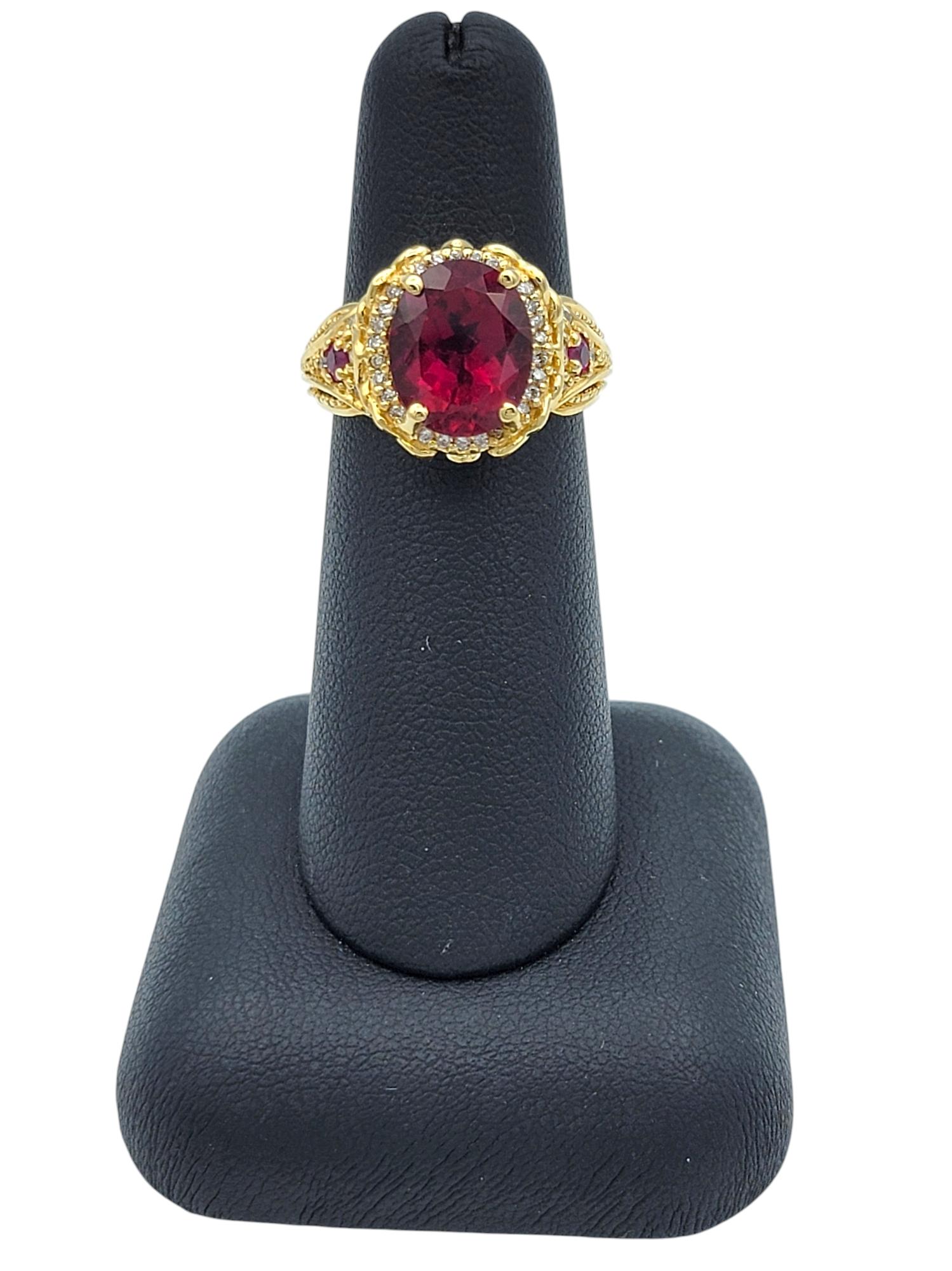 Rubellite Tourmaline, Ruby and Diamond Halo Ring Textured 14 Karat Yellow Gold For Sale 1