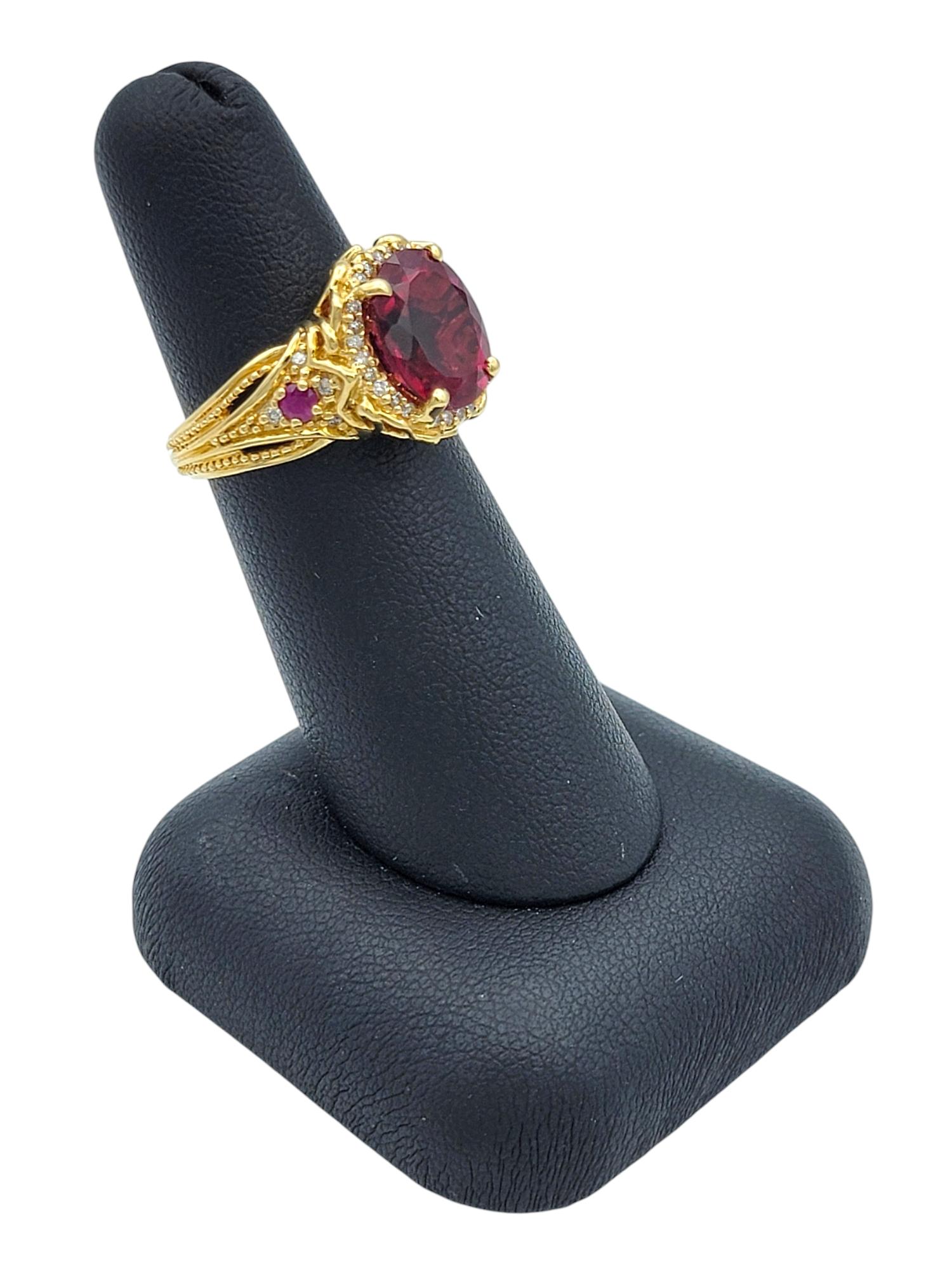 Rubellite Tourmaline, Ruby and Diamond Halo Ring Textured 14 Karat Yellow Gold For Sale 2