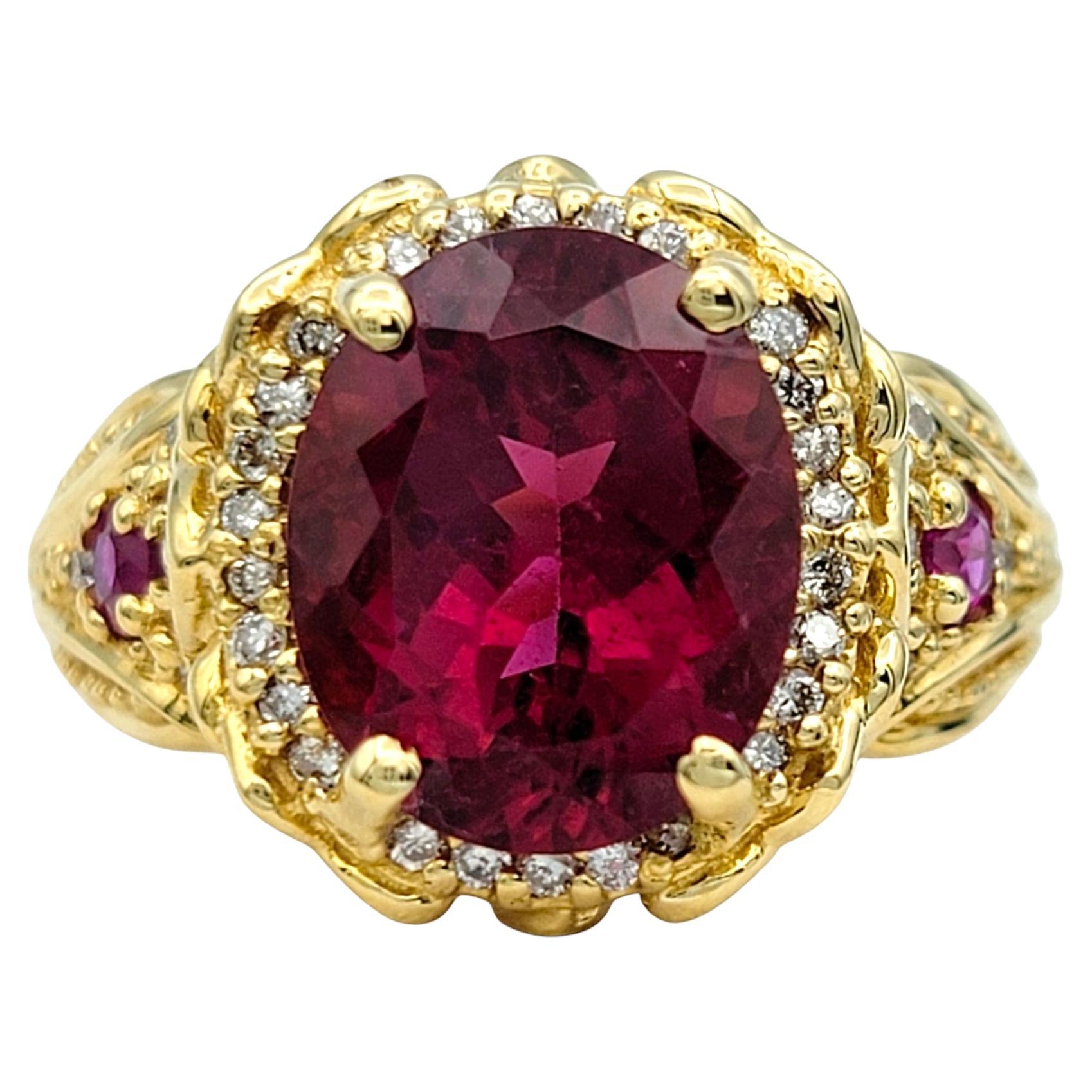Rubellite Tourmaline, Ruby and Diamond Halo Ring Textured 14 Karat Yellow Gold For Sale