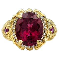 Rubellite Tourmaline, Ruby and Diamond Halo Ring Textured 14 Karat Yellow Gold
