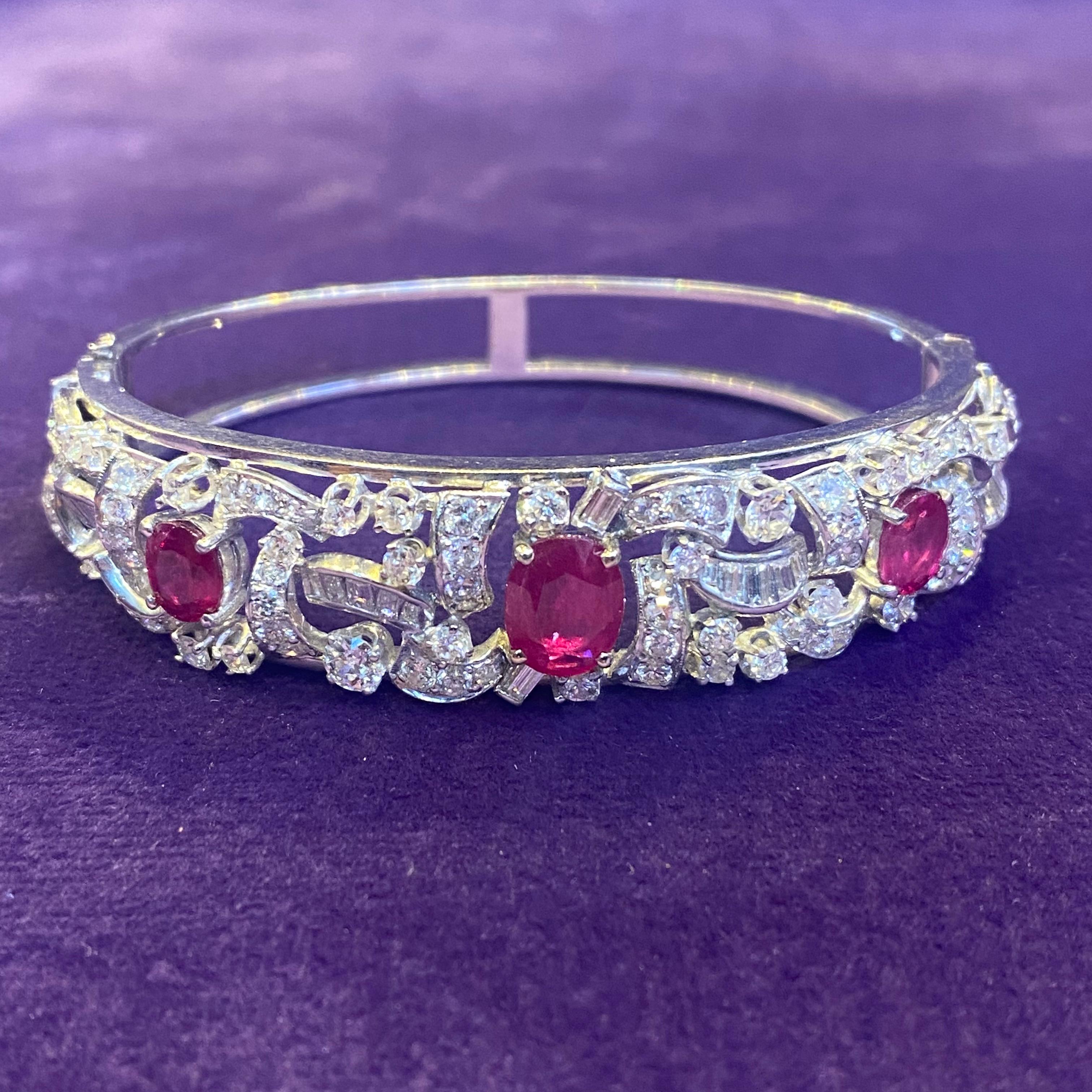 Oval Cut Ruby & Diamond Bangle Bracelet For Sale 1