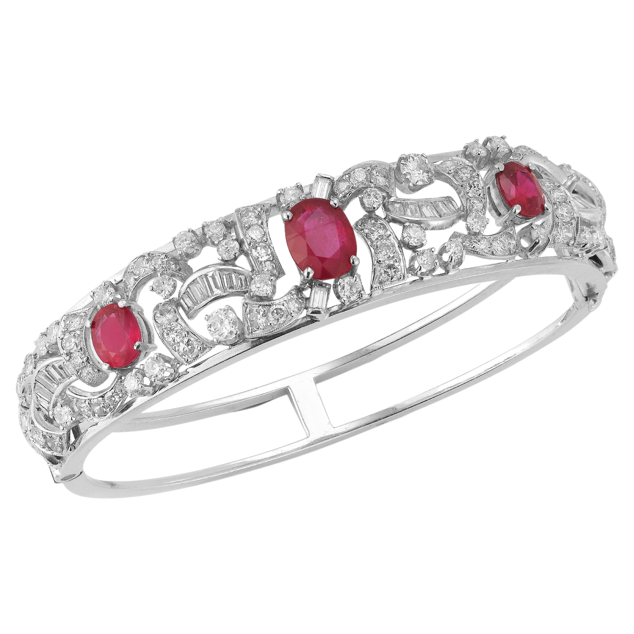Oval Cut Ruby & Diamond Bangle Bracelet For Sale