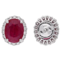 Oval Cut Ruby Diamond Halo Stud Earrings 18 Karat White Gold Fine Jewelry