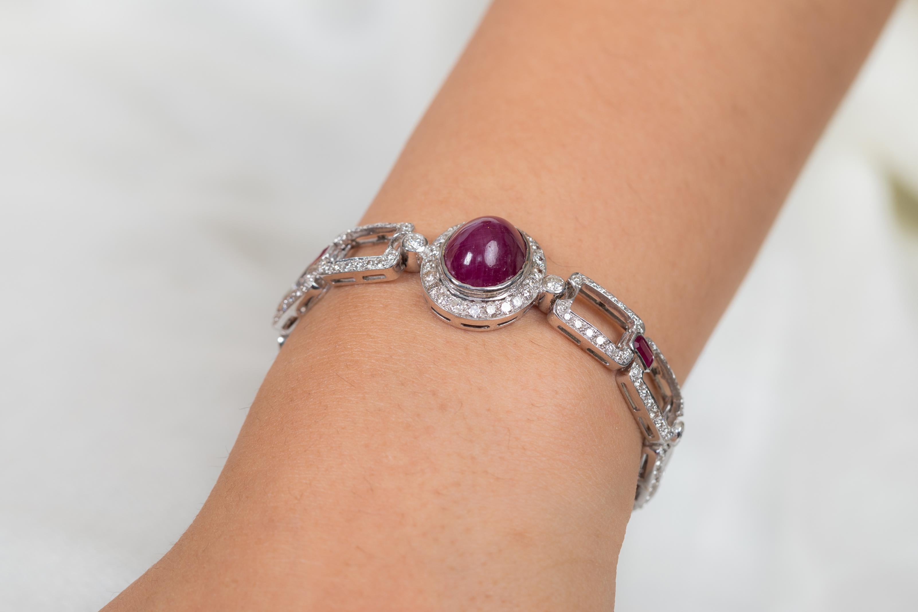 Oval Cut Ruby Link Bracelet in 18K White Gold with Diamonds For Sale 4