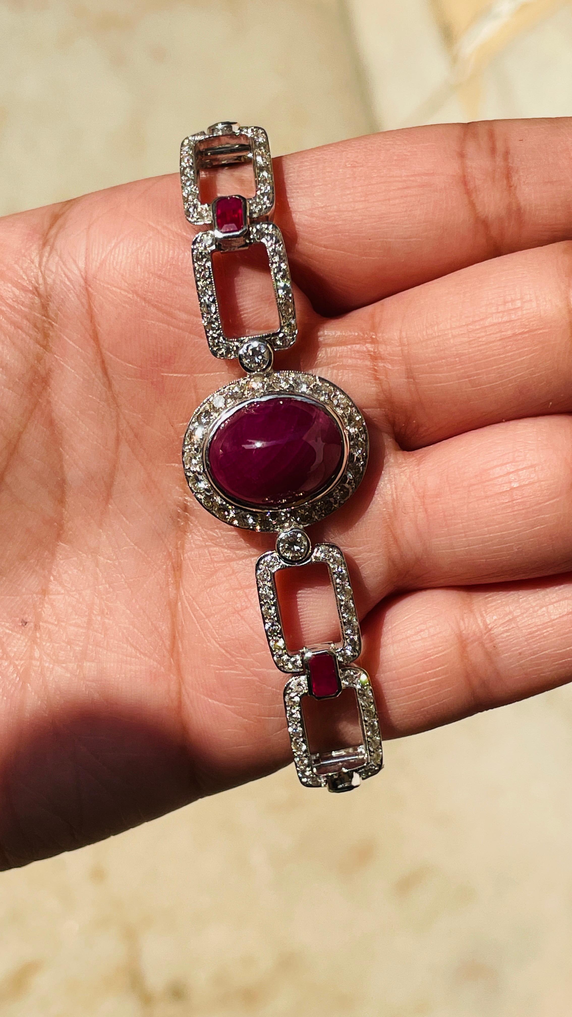 Oval Cut Ruby Link Bracelet in 18K White Gold with Diamonds For Sale 5