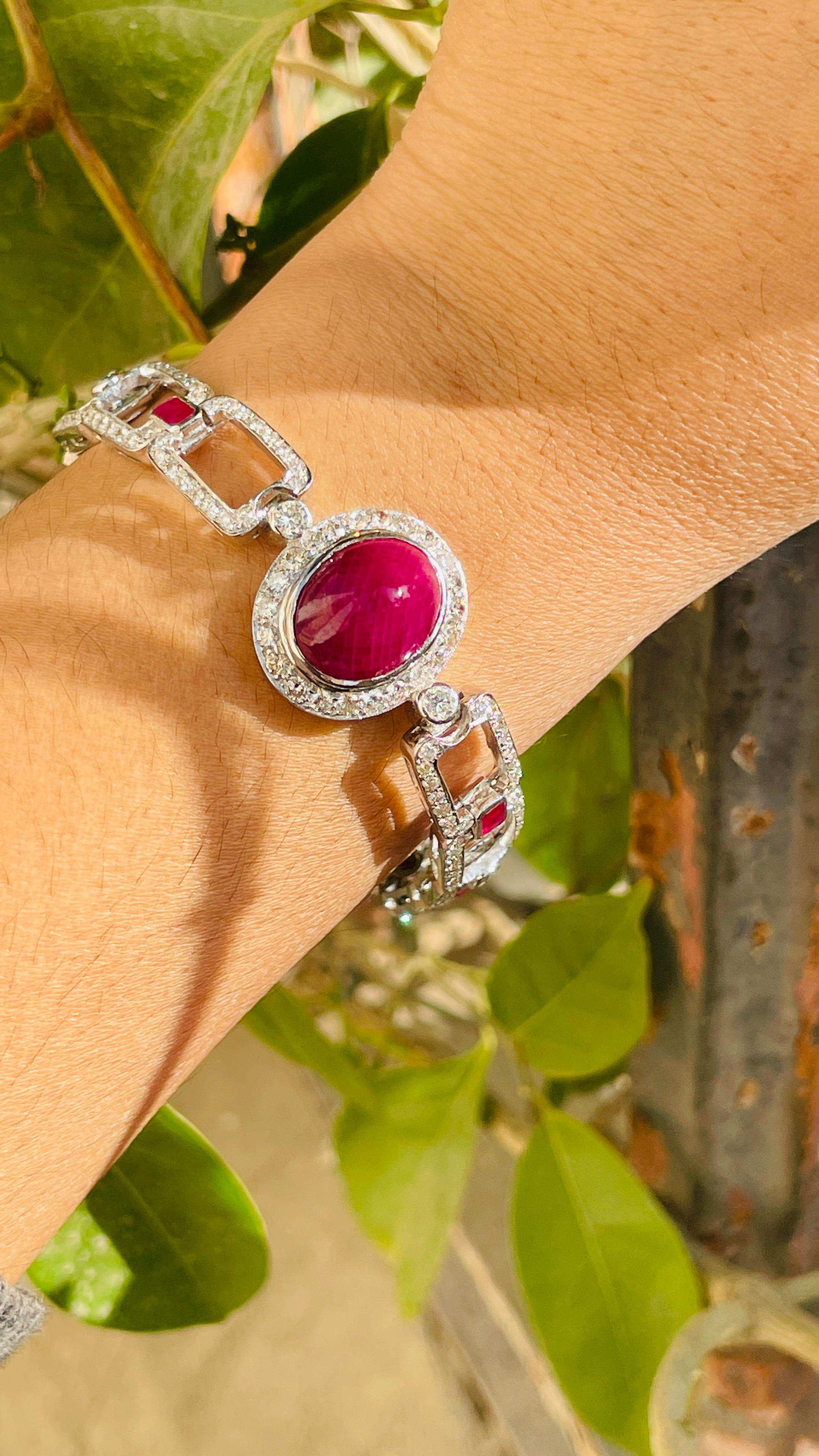Ruby and Diamond bracelet in 18K Gold. It has a perfect oval cut gemstone to make you stand out on any occasion or an event.
A link bracelet is an essential piece of jewelry when it comes to your wedding day. The sleek and elegant style complements