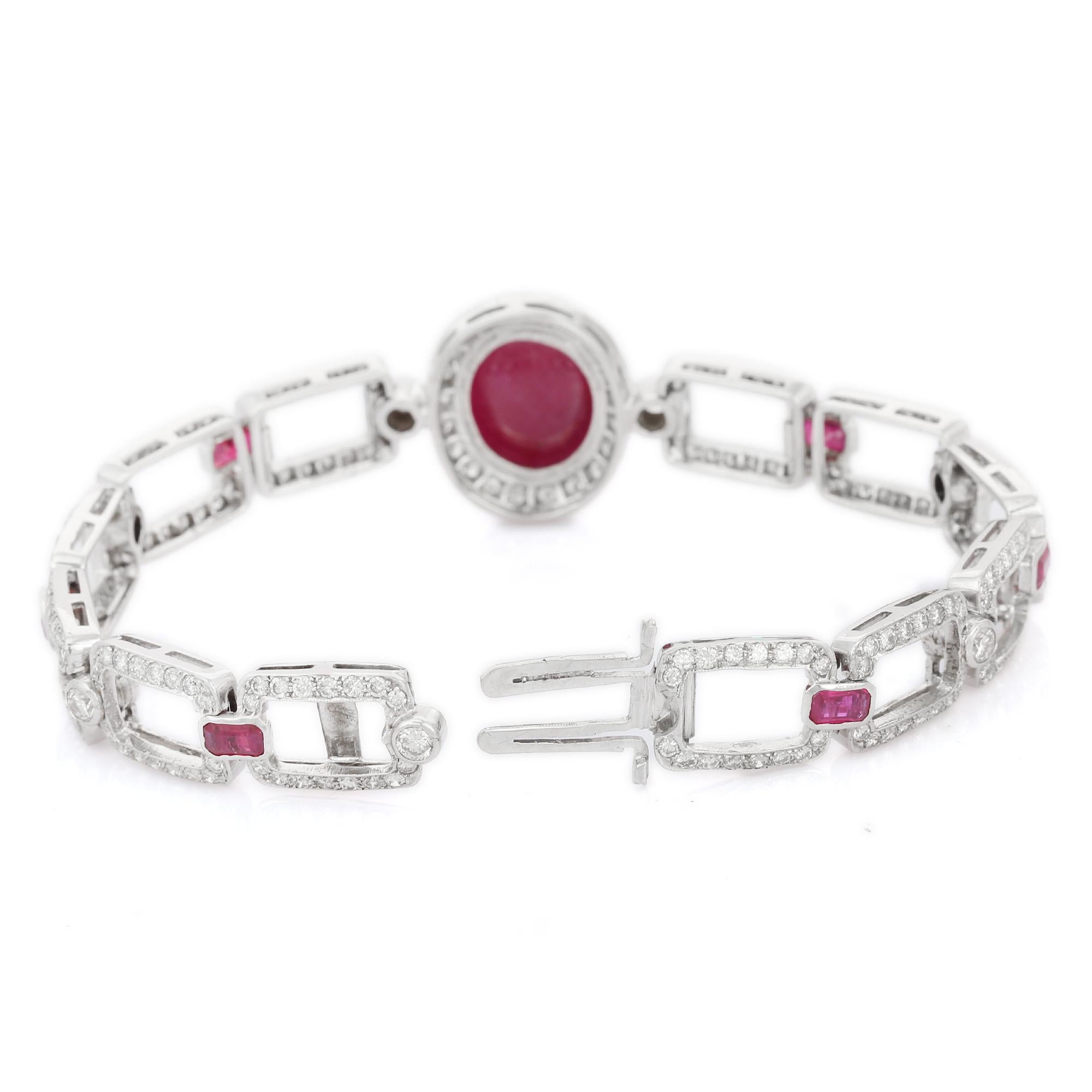 Art Deco Oval Cut Ruby Link Bracelet in 18K White Gold with Diamonds For Sale