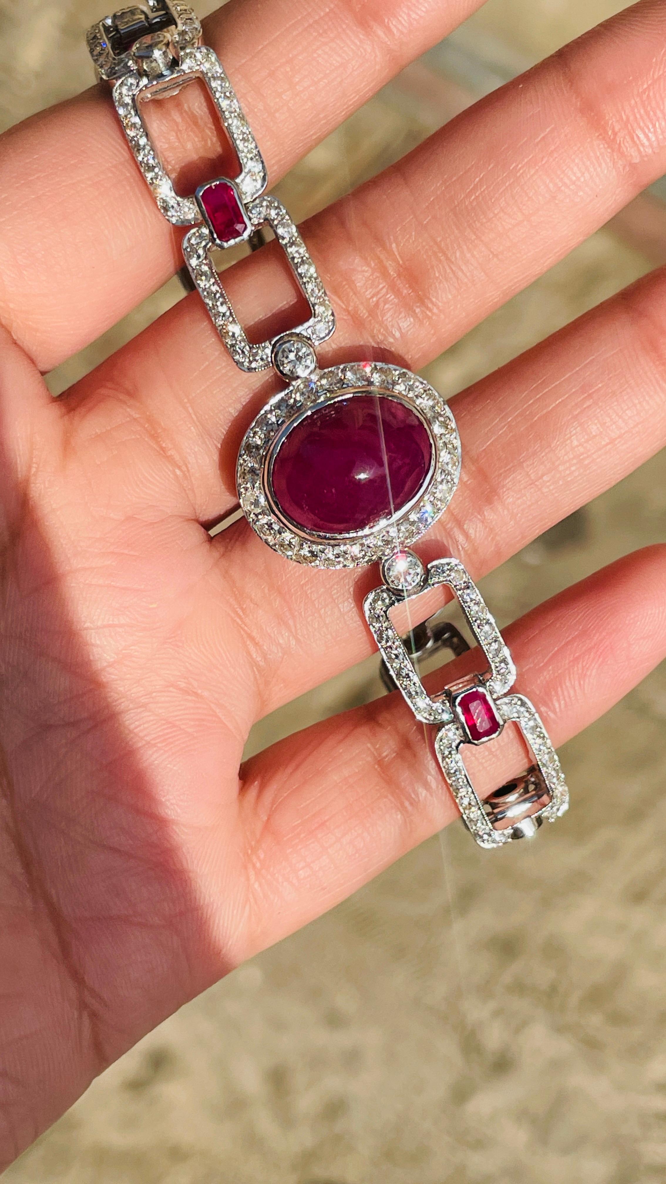 Oval Cut Ruby Link Bracelet in 18K White Gold with Diamonds In New Condition For Sale In Houston, TX