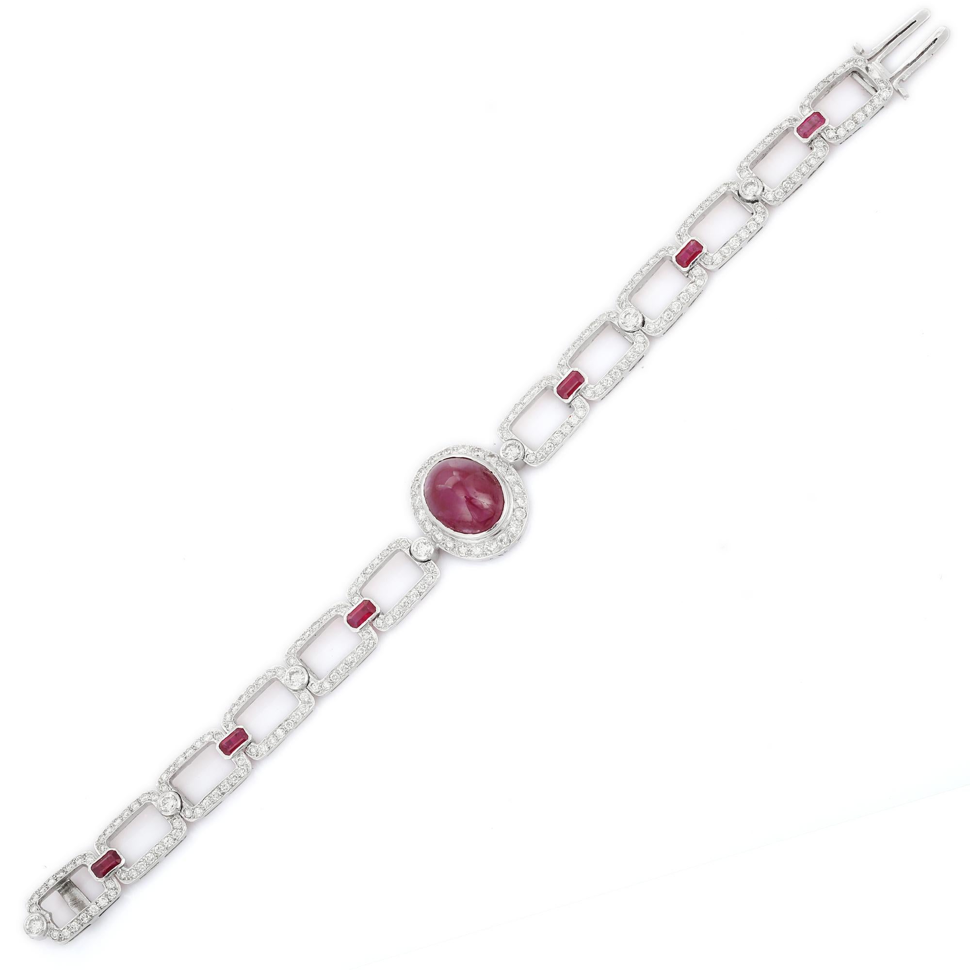 Women's Oval Cut Ruby Link Bracelet in 18K White Gold with Diamonds For Sale