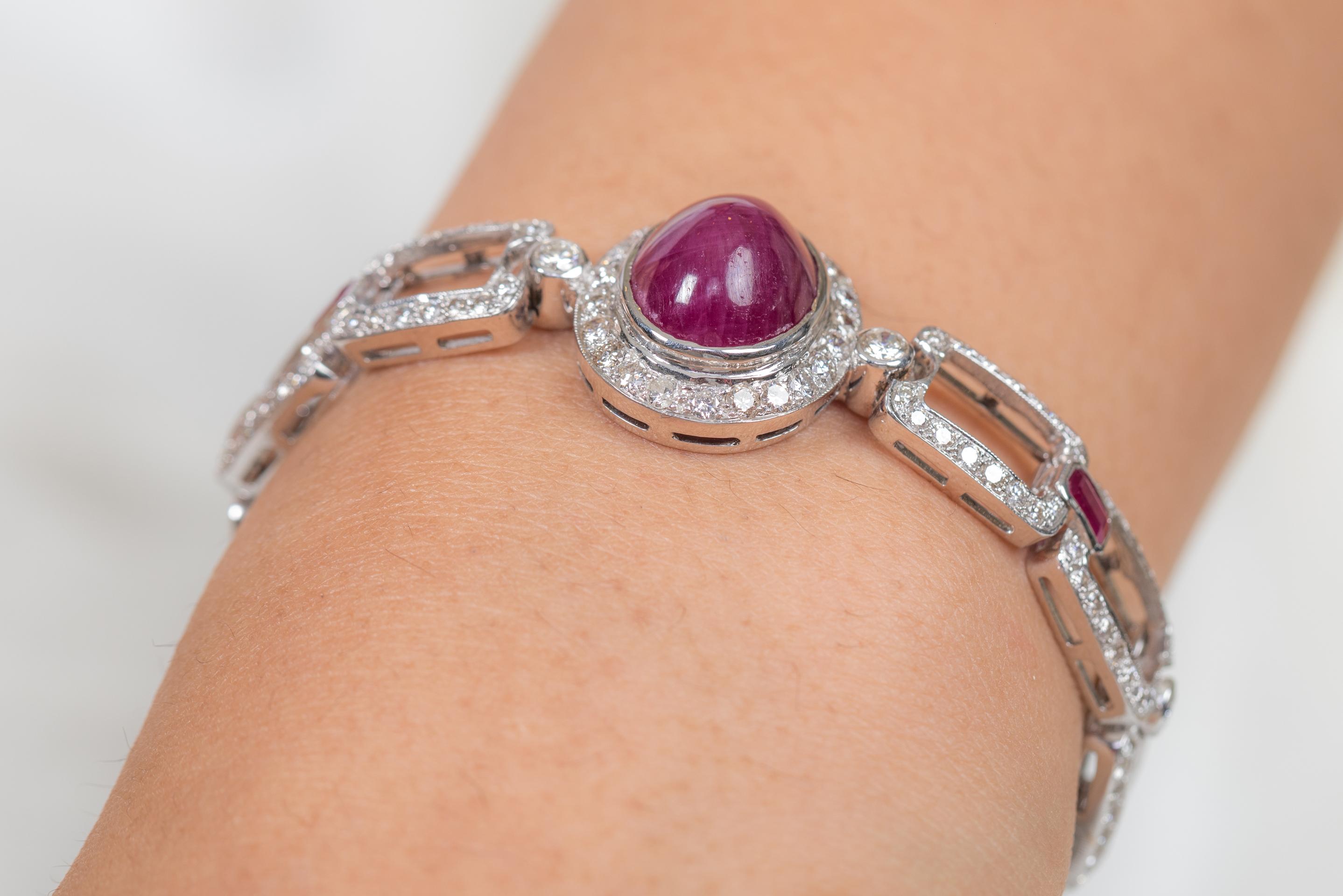 Oval Cut Ruby Link Bracelet in 18K White Gold with Diamonds For Sale 1