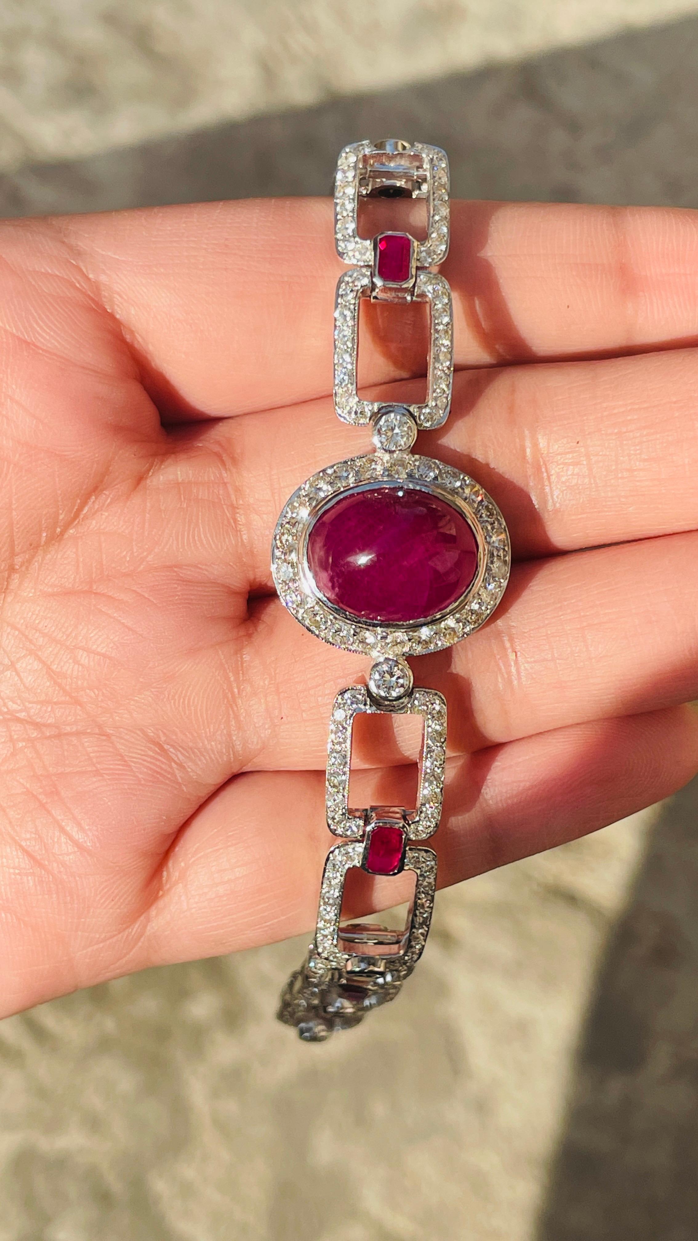 Oval Cut Ruby Link Bracelet in 18K White Gold with Diamonds For Sale 2