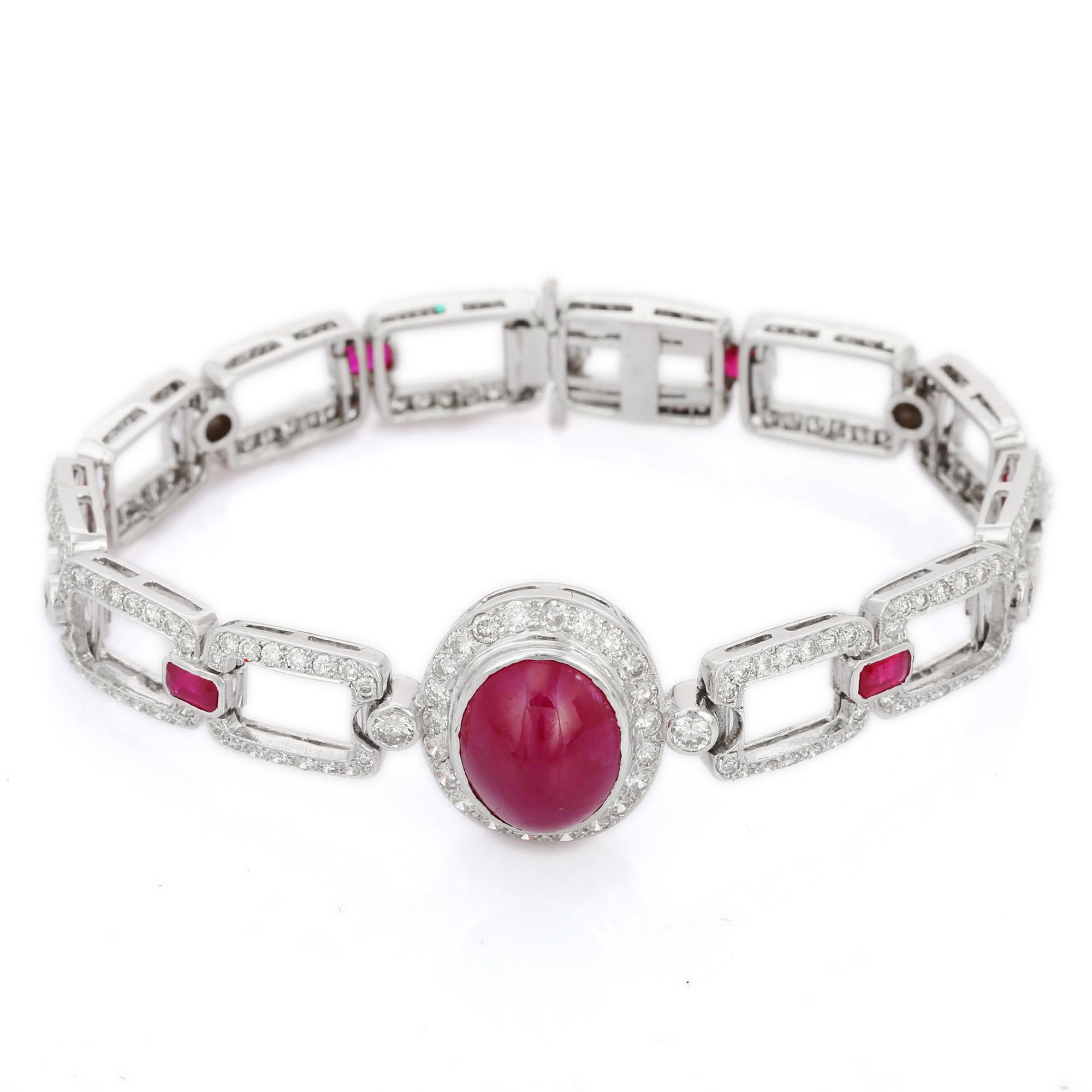 Oval Cut Ruby Link Bracelet in 18K White Gold with Diamonds For Sale 3