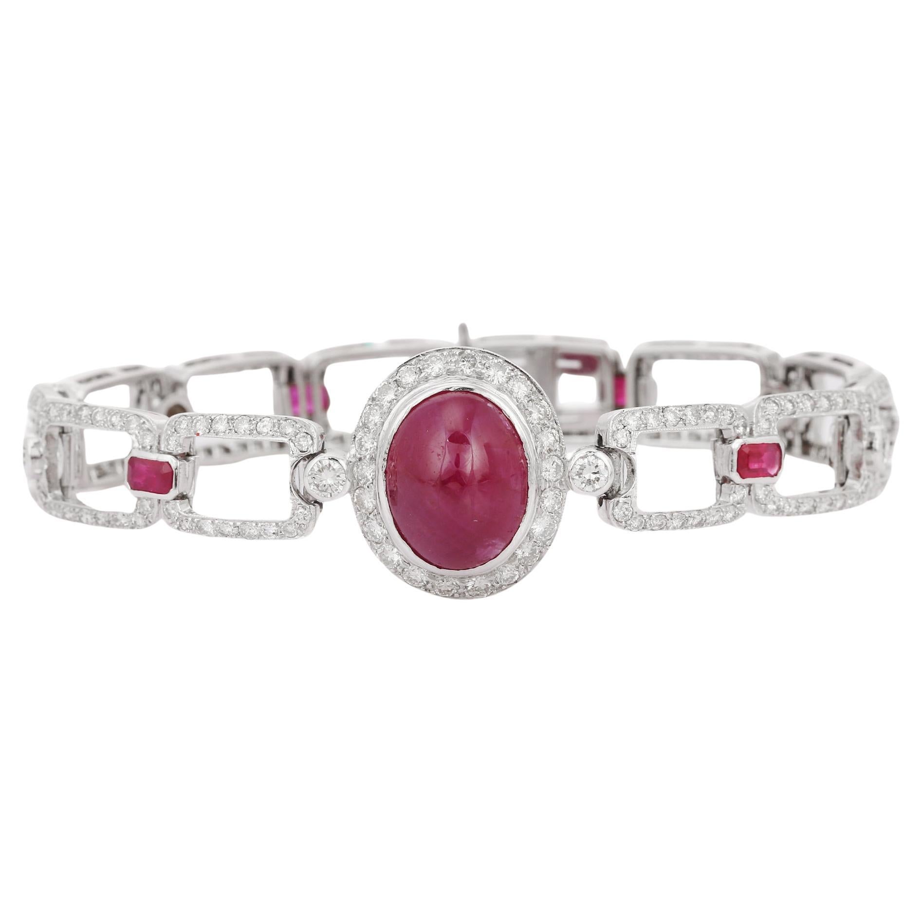 Bracelet à maillons en or blanc 18 carats avec diamants et rubis de taille ovale