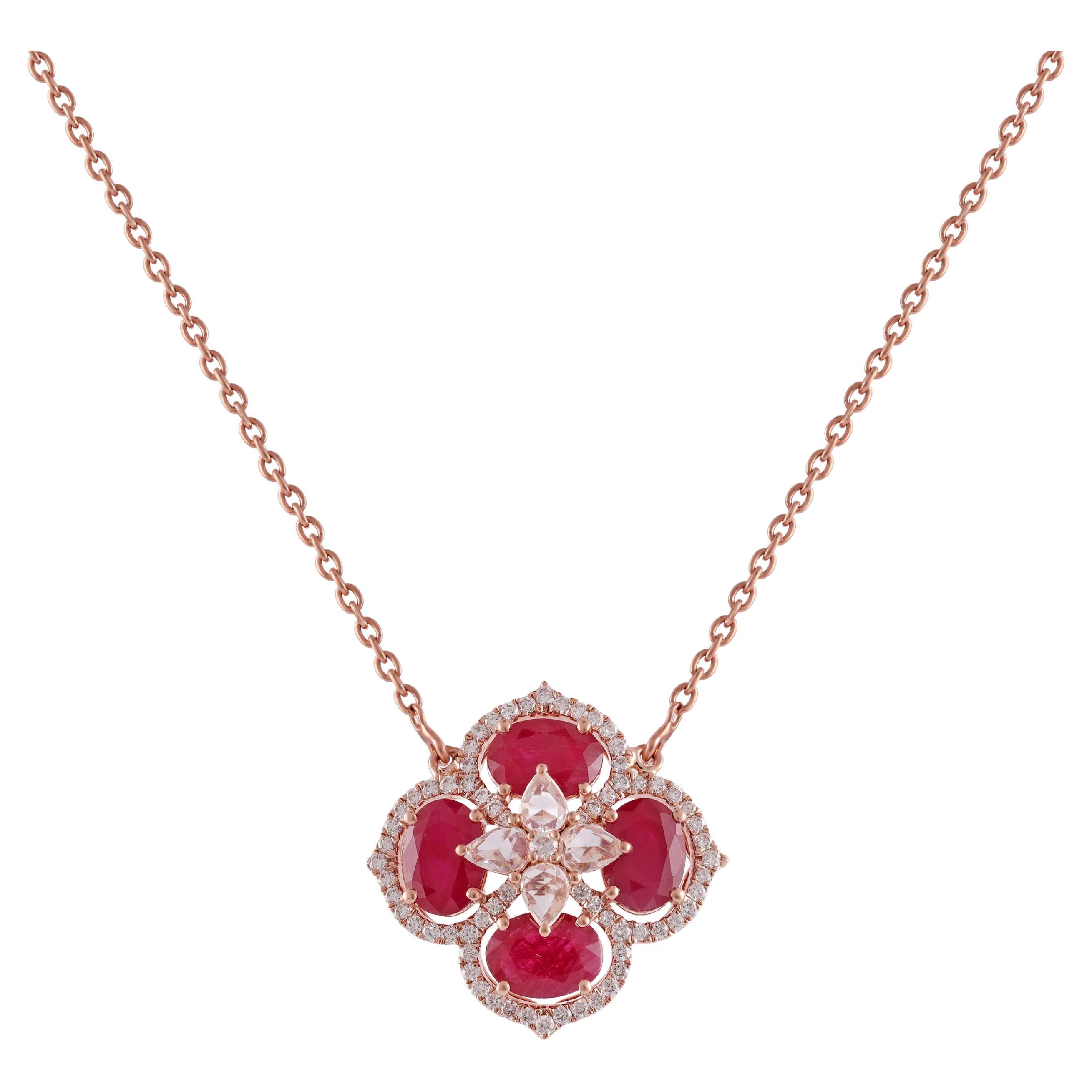  Oval Cut Ruby Pendant Necklace in 18 Karat Gold with Diamond