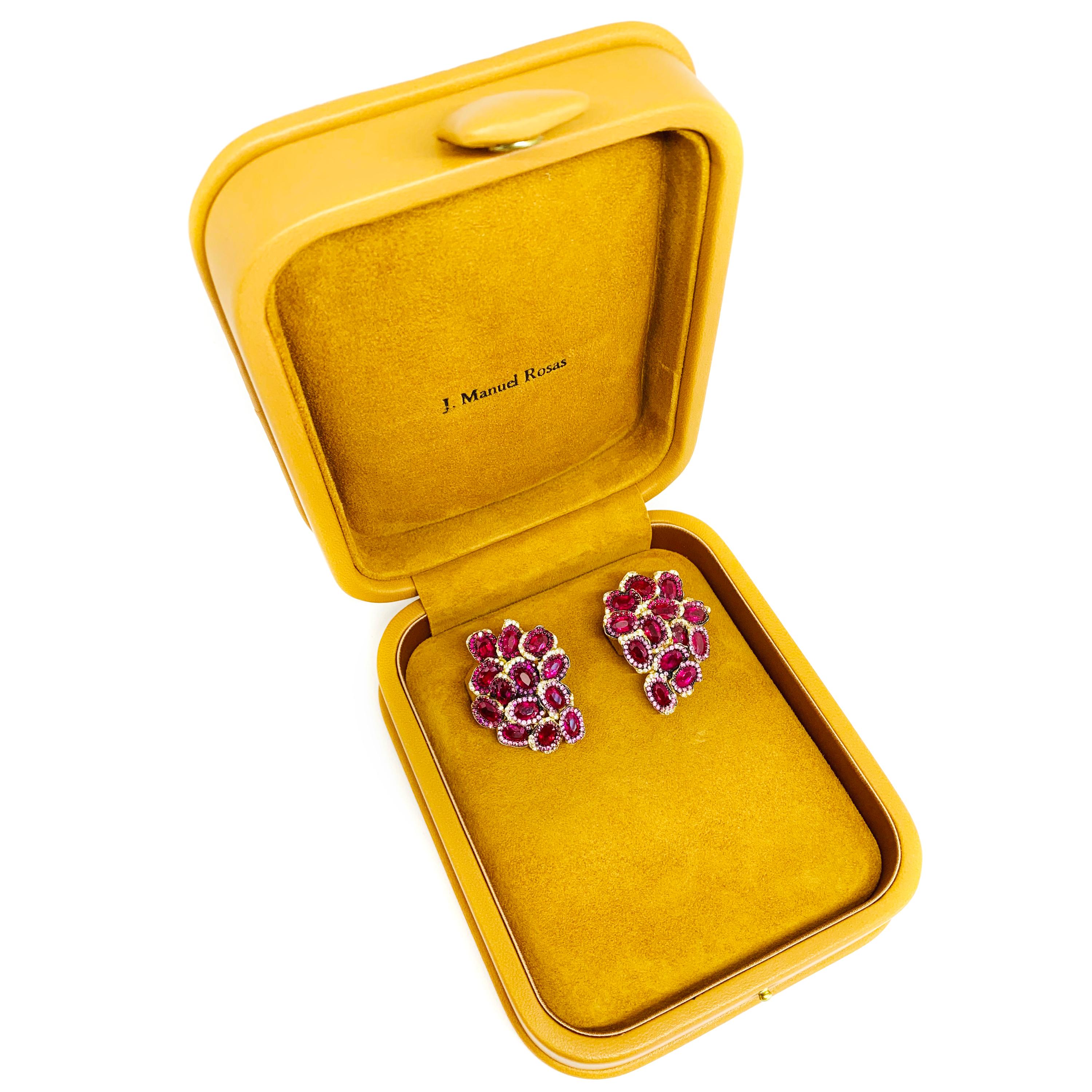 Contemporary Rosior Oval Cut Ruby, Pink Sapphire and Diamond Drop Earrings set in Yellow Gold