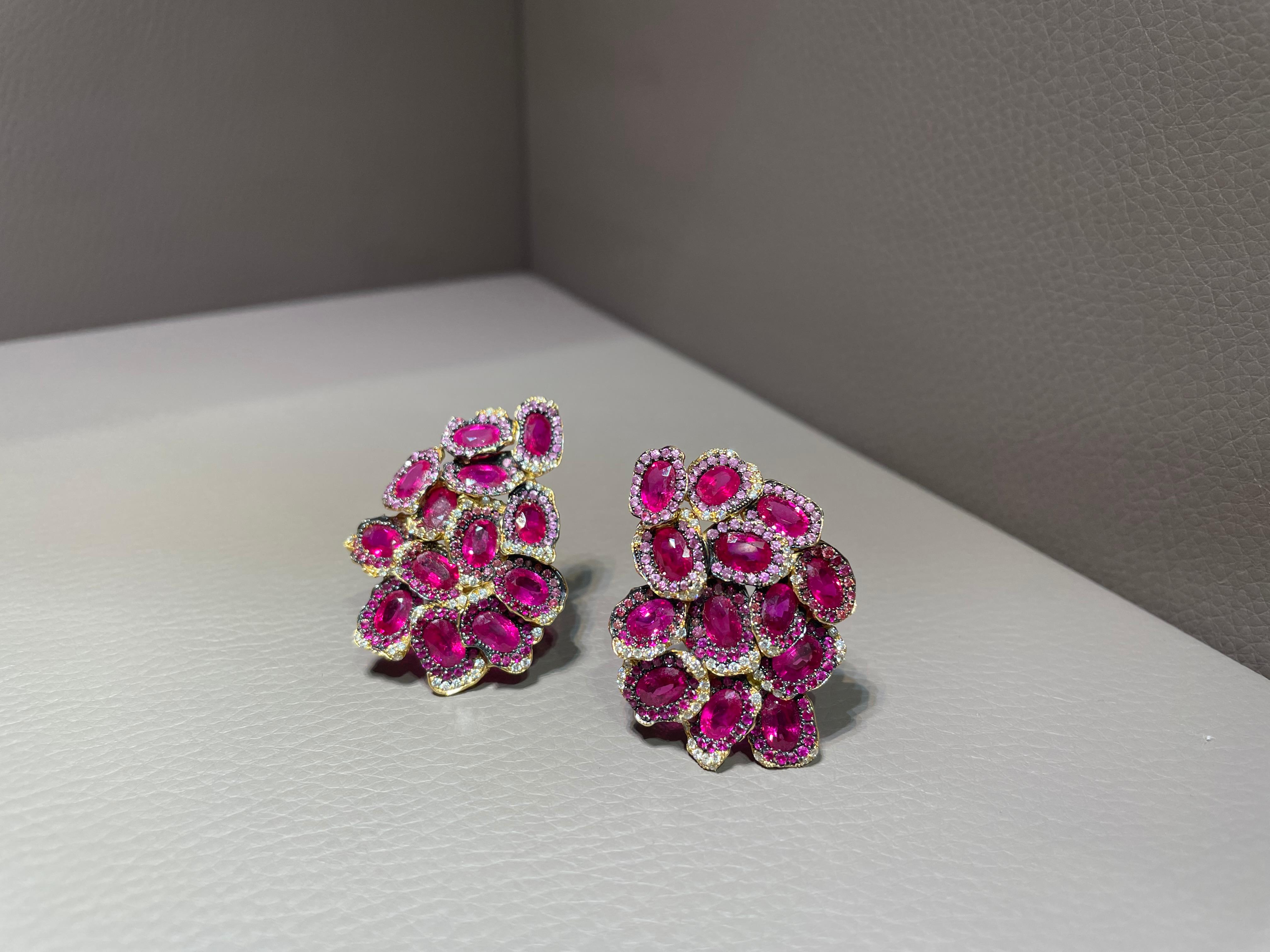 Women's or Men's Oval Cut Ruby, Pink Sapphire and Diamond Contemporary Yellow Gold Drop Earrings